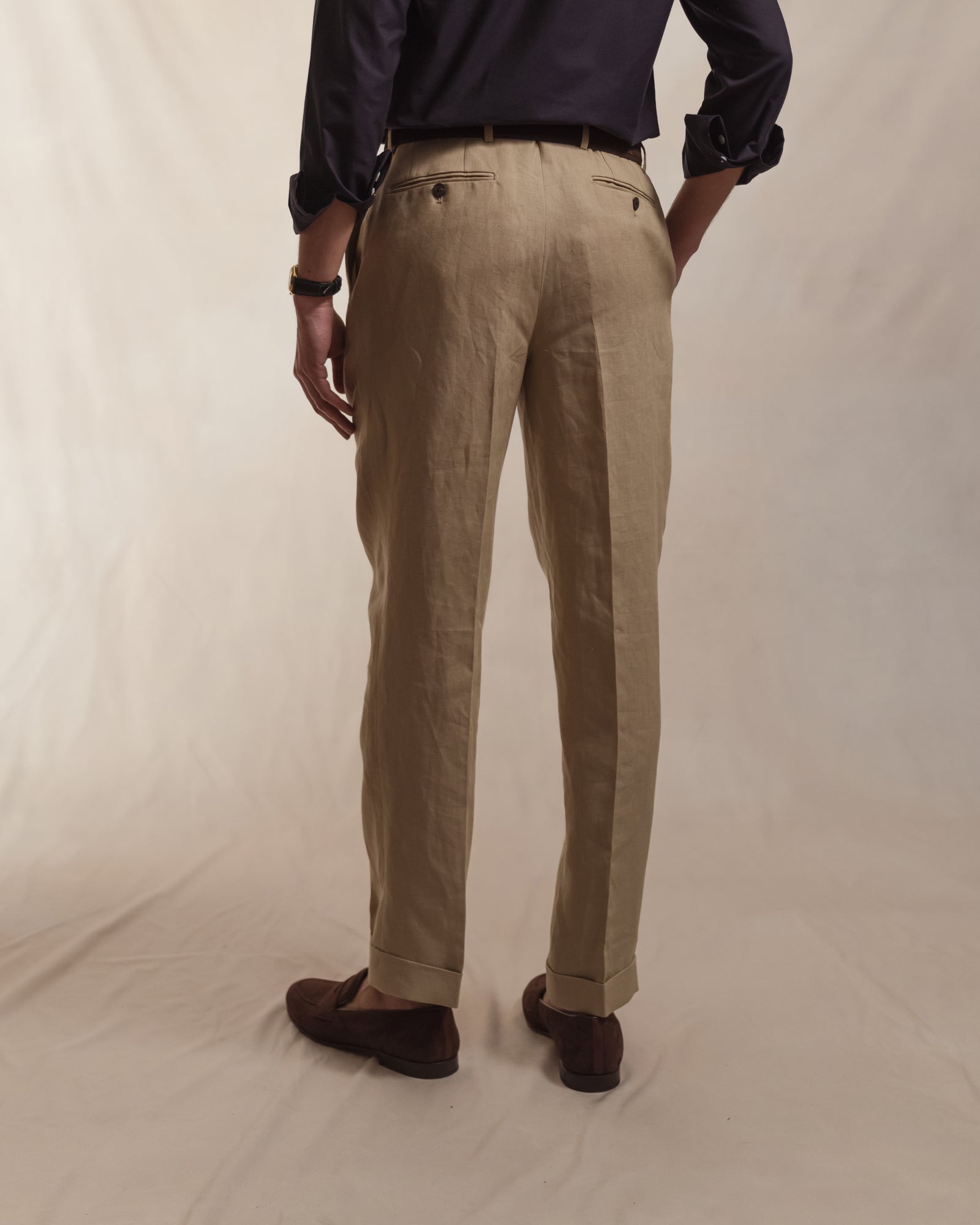 Taupe Double Pleat Linen Trousers