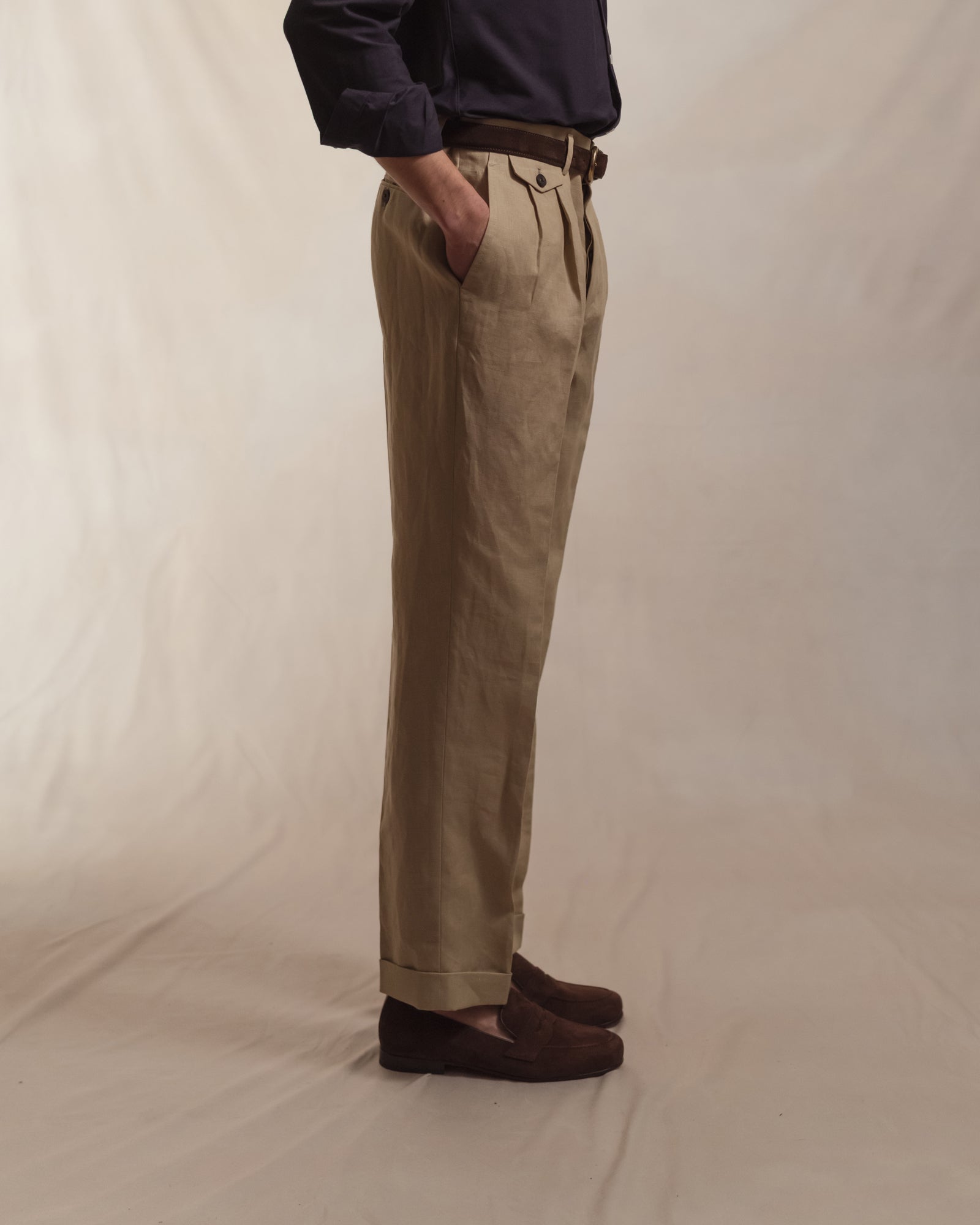 Taupe Double Pleat Linen Trousers