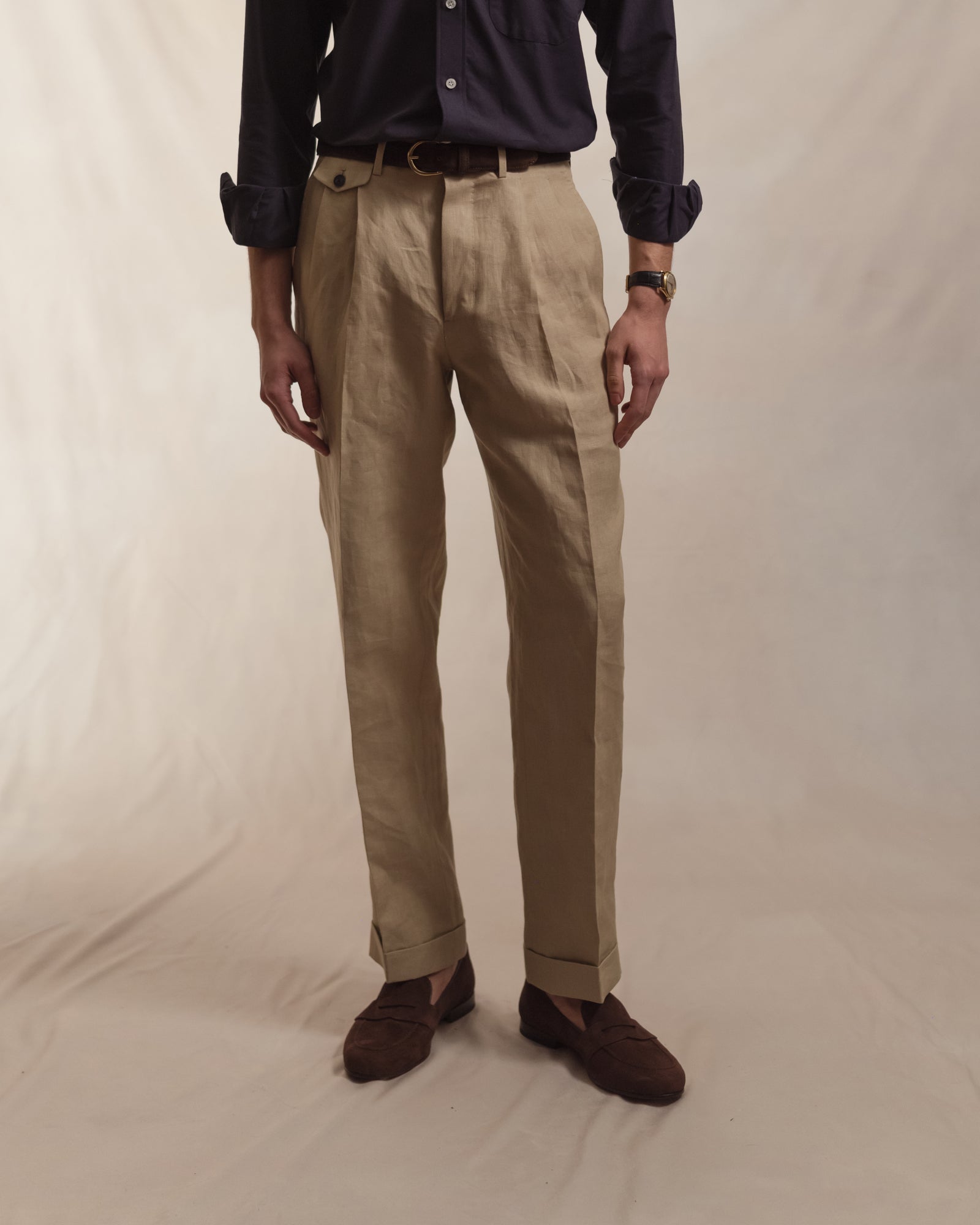 Taupe Double Pleat Linen Trousers