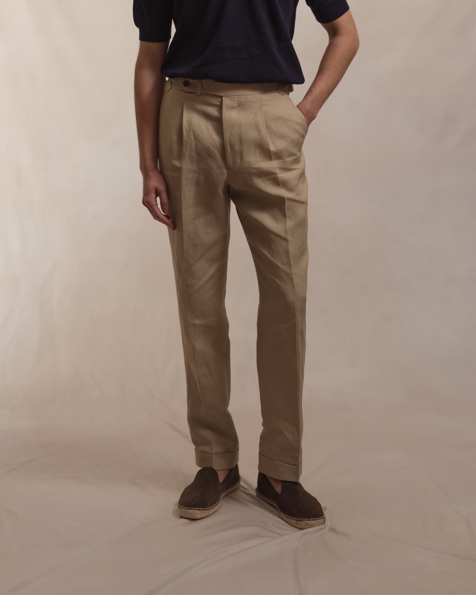 Taupe Single Pleat Linen Trousers