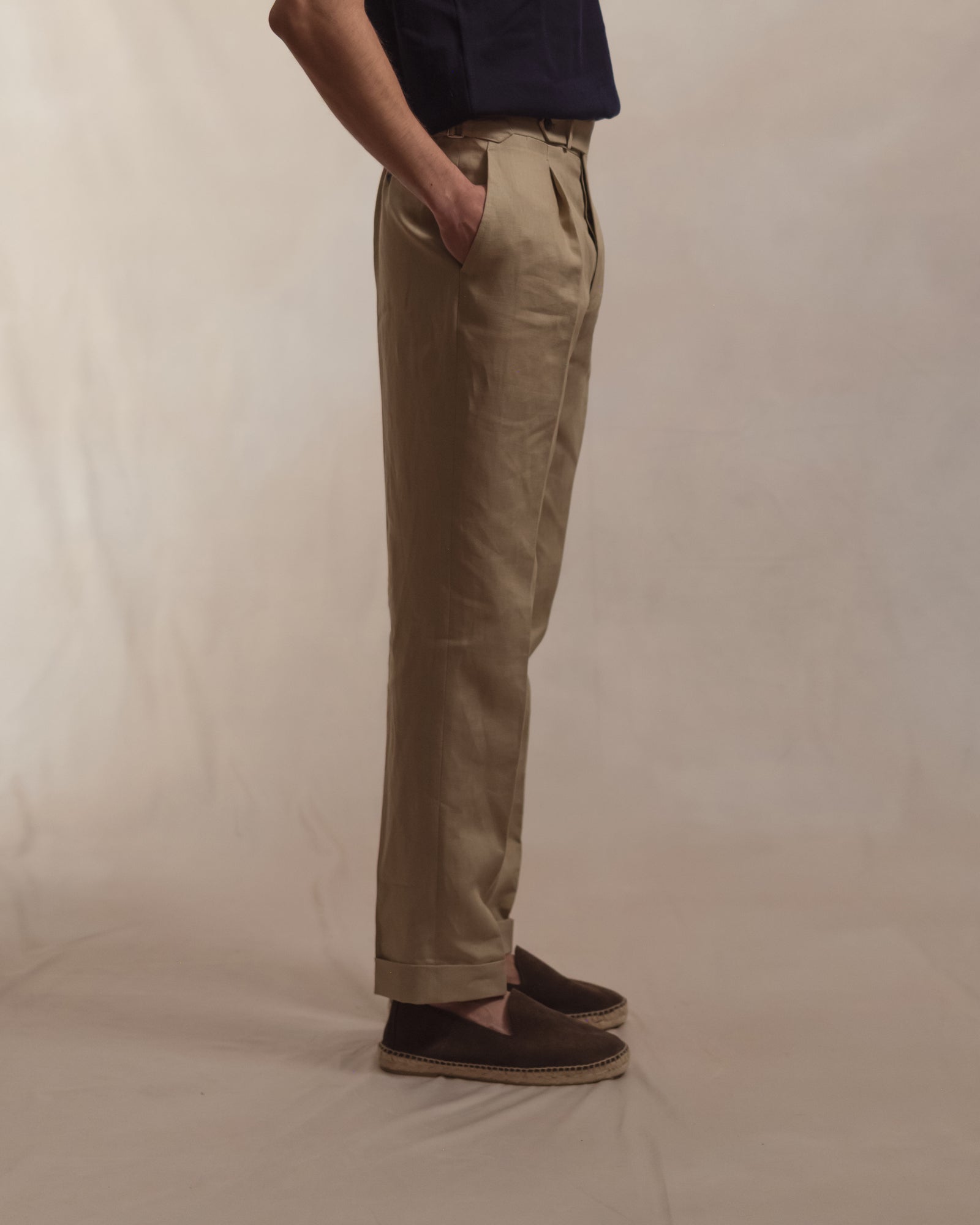 Taupe Single Pleat Linen Trousers