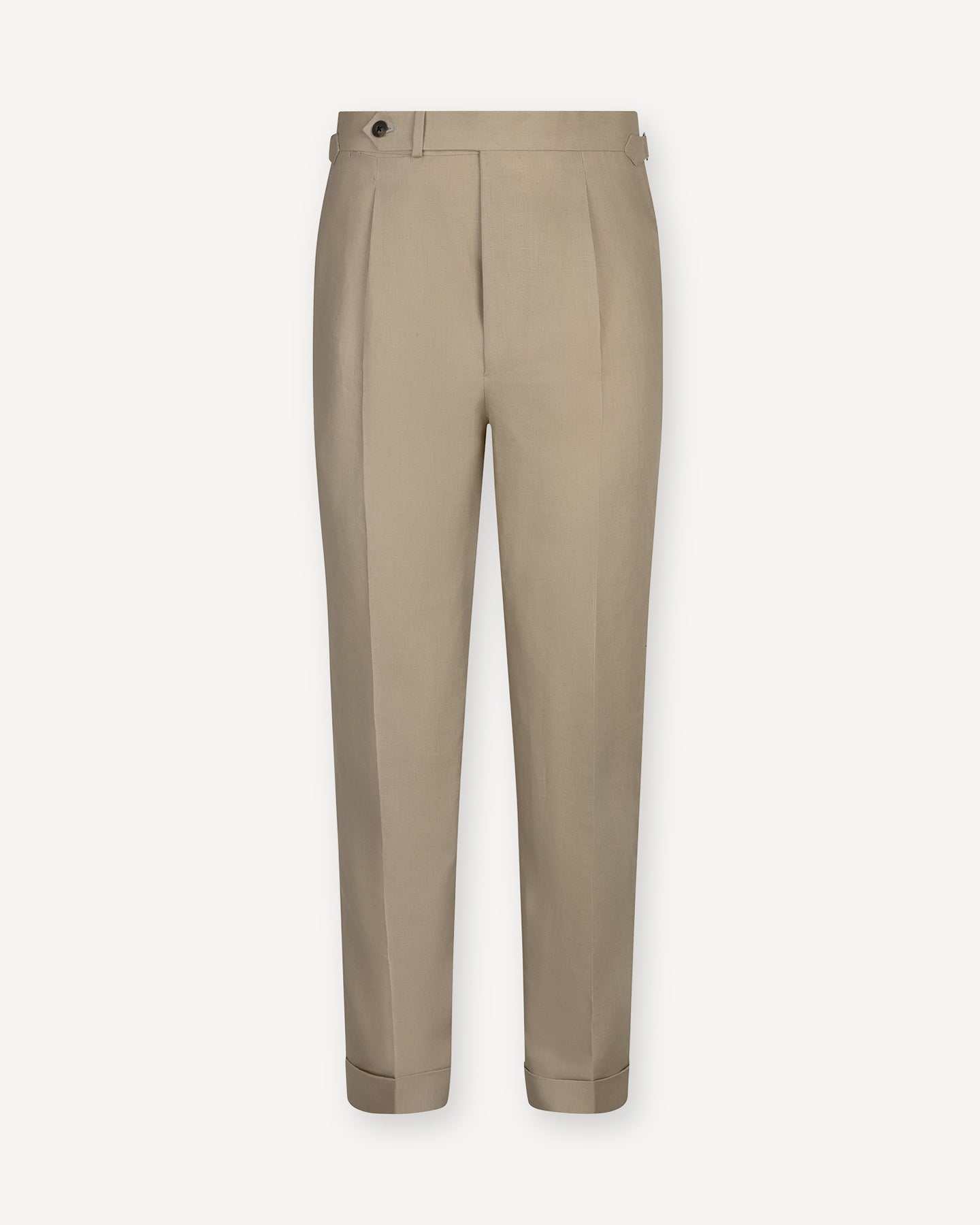 Taupe Irish Linen Trousers with Single Pleats and Side Adjusters