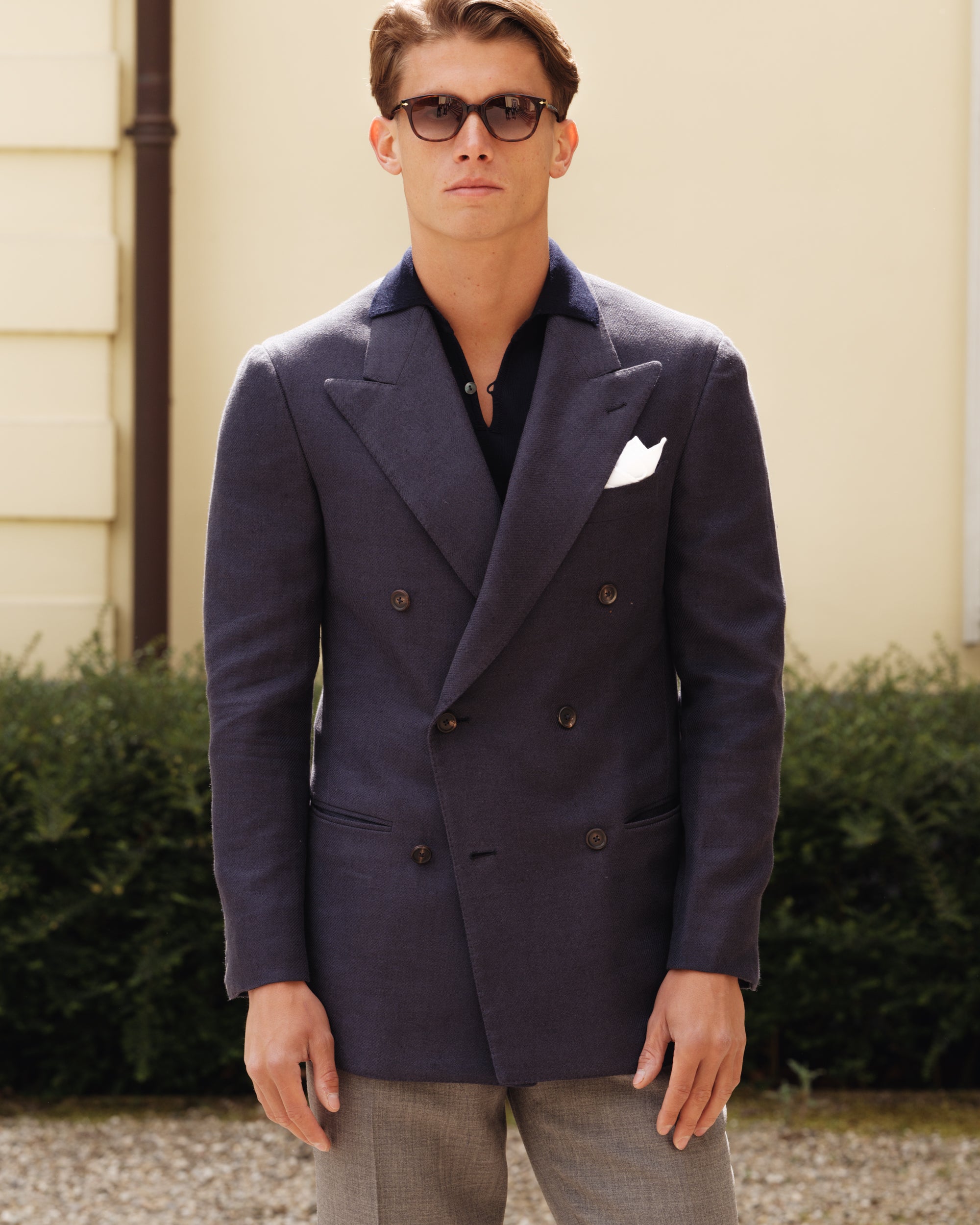 Sample - Navy Linen Silk Cotton Double Breasted Sport Coat