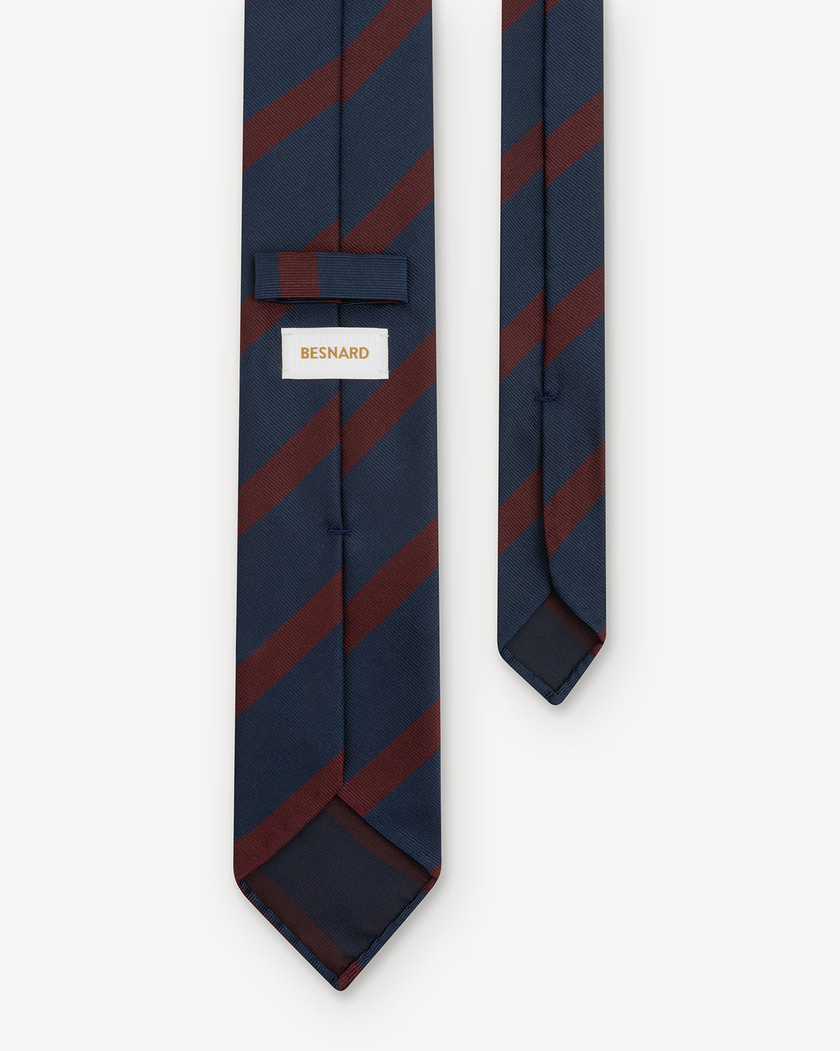 Back of navy and burgundy repp tie with Besnard keeper loop