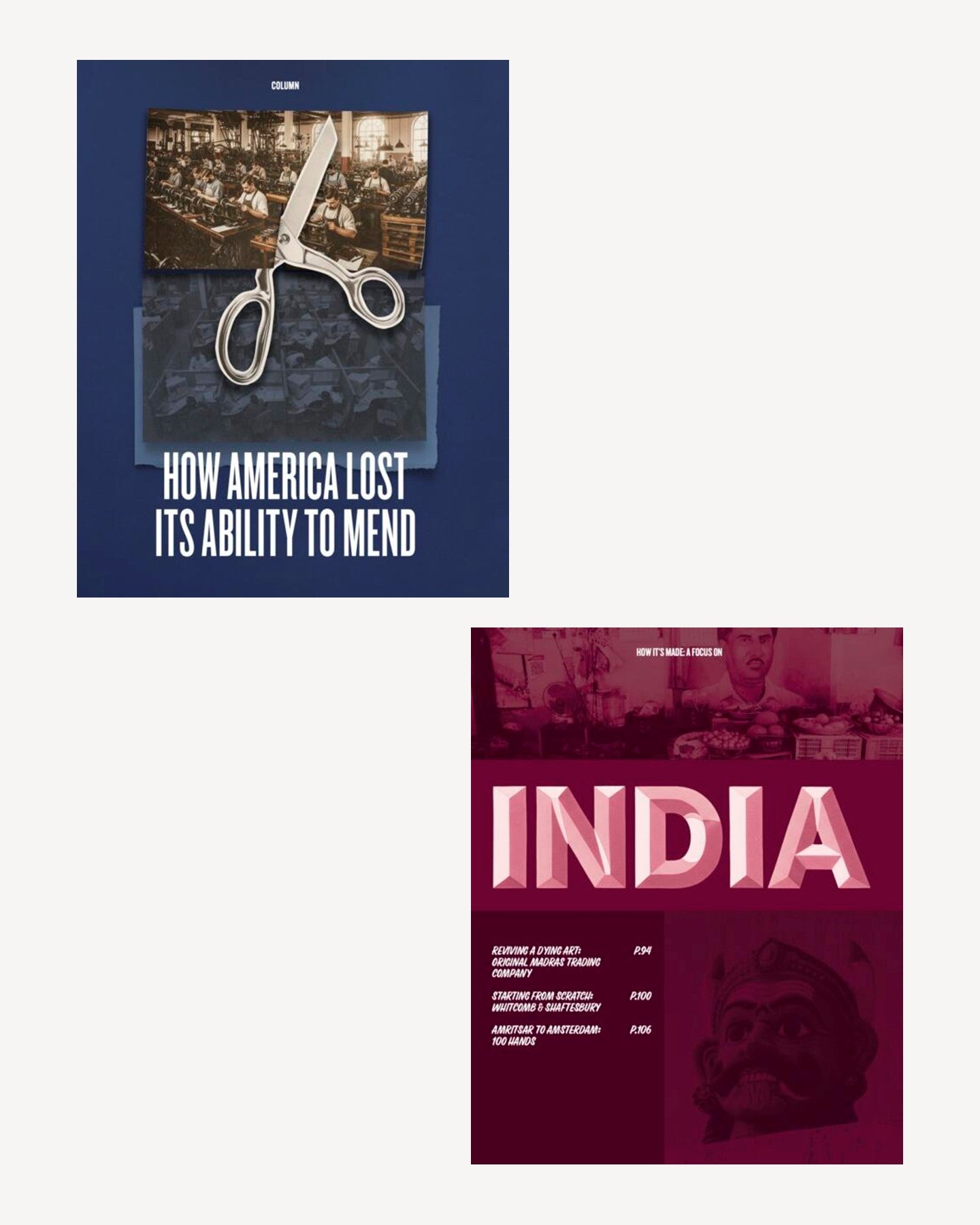Two pages of Permanent Style magazine Spring Summer 2026, one titled 'How America Lost Its Ability to Mend' with a pair of scissors on a blue background, and the other titled 'INDIA' with a red background.