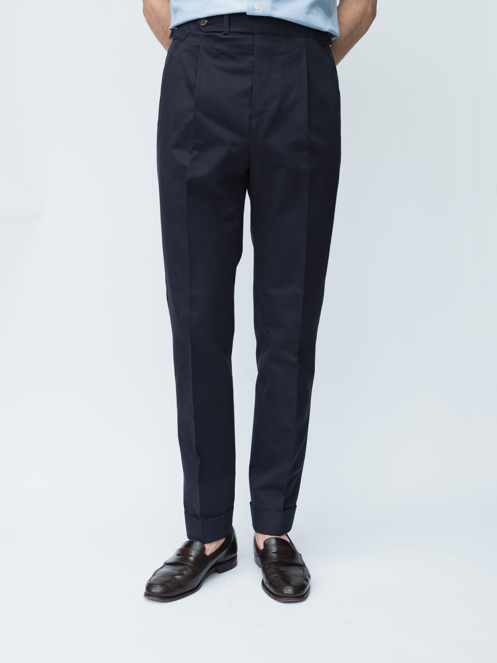 Navy Single Pleat Cotton Drill Trousers