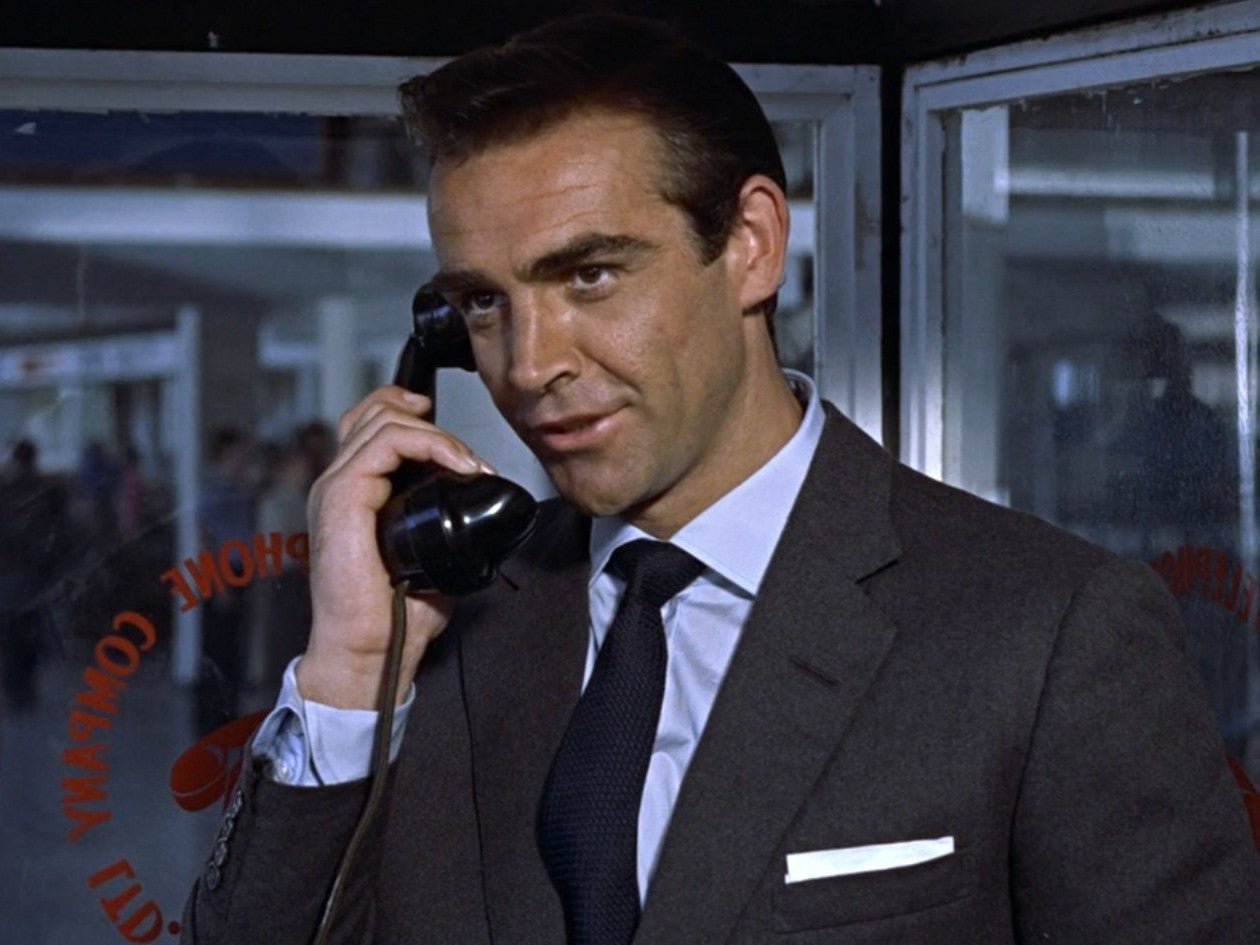 Sean Connery wears a navy Garza Grossa Grenadine tie as James Bond in Dr No