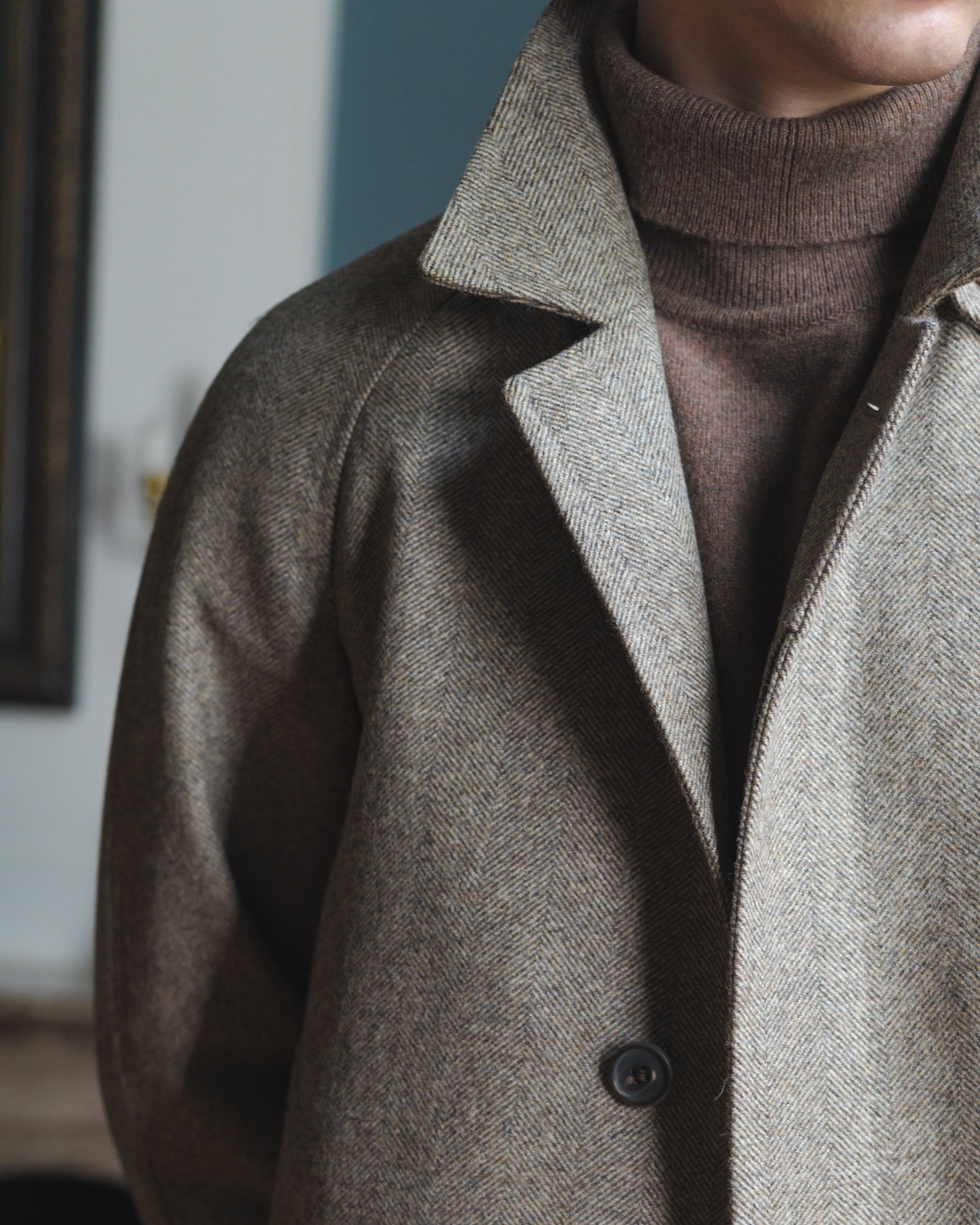 Light Brown Herringbone Balmacaan Coat | Made in Italy | Besnard