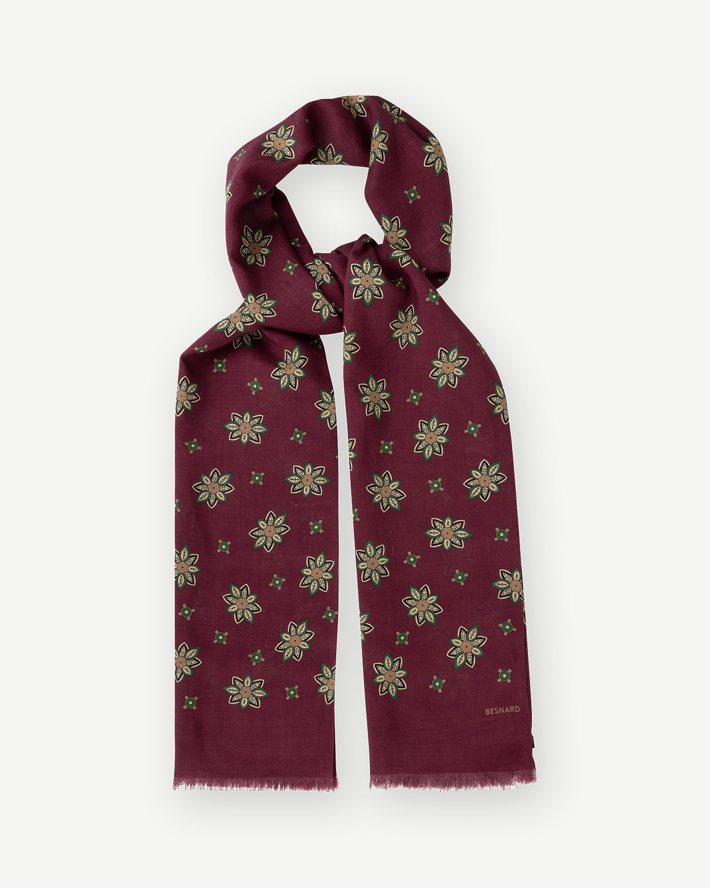 Burgundy wool silk scarf with floral print