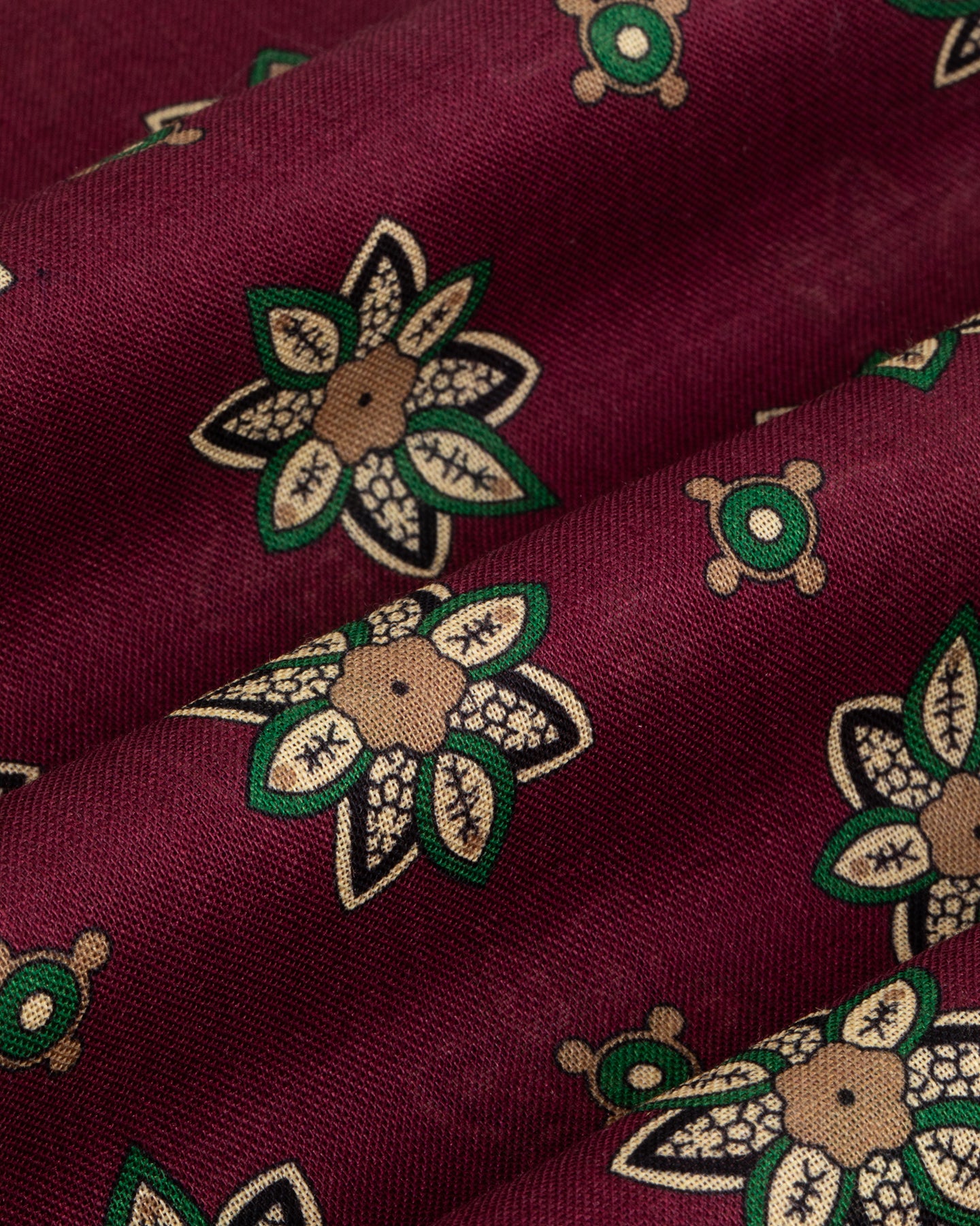 Zoom of burgundy wool silk fabric with floral print