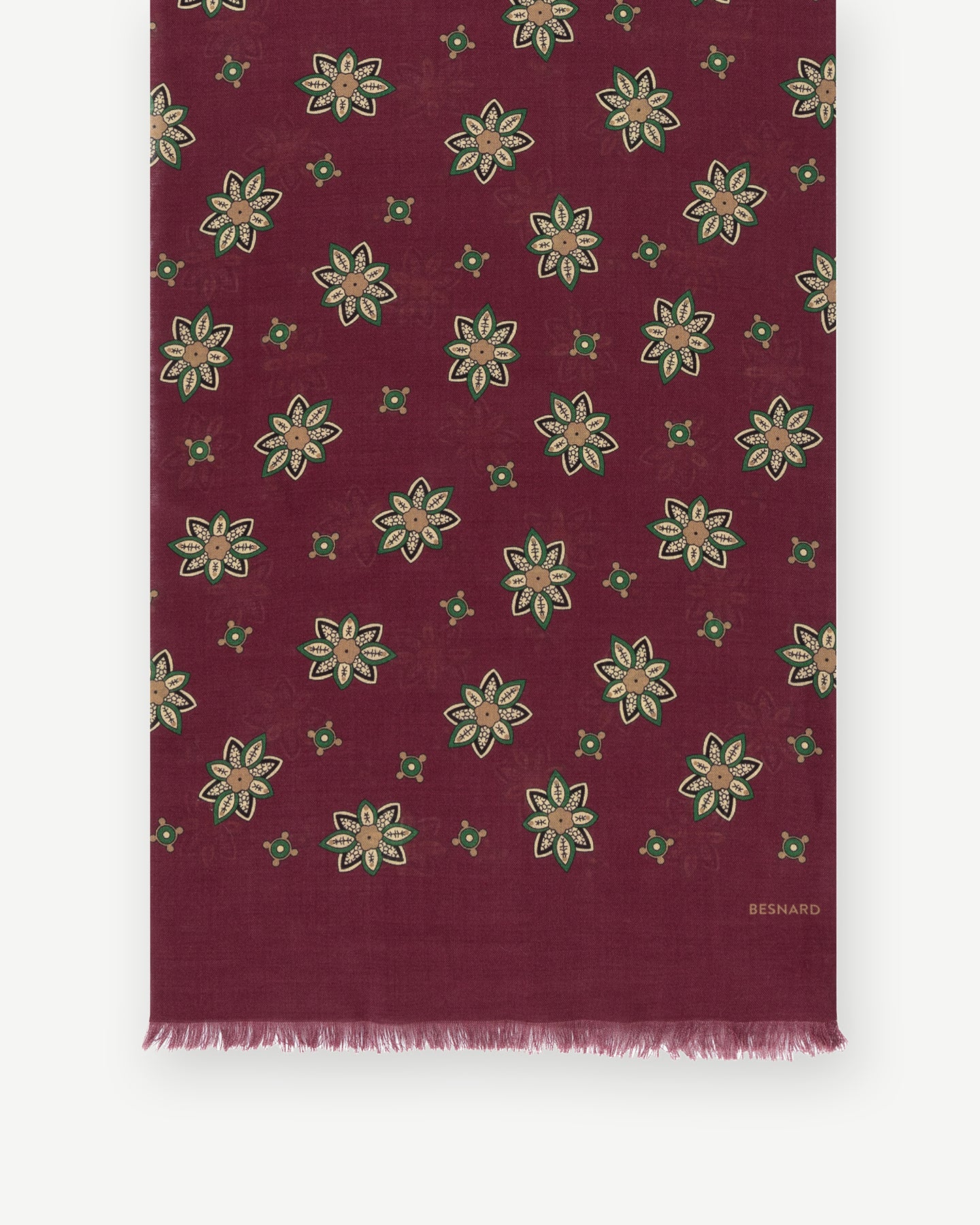 Burgundy floral printed scarf with fringed ends