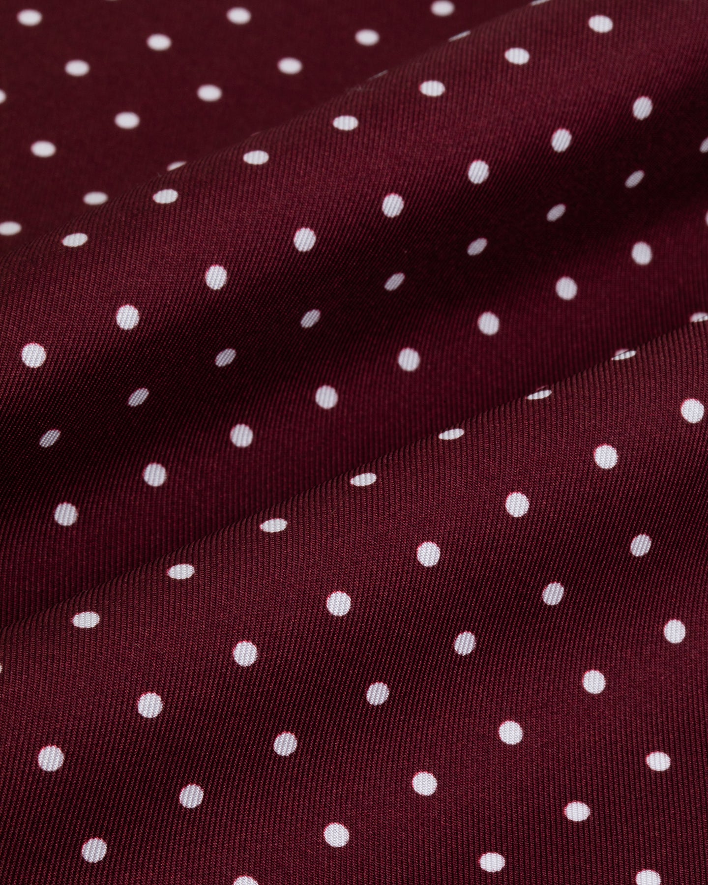 Burgundy silk twill with white polka dots