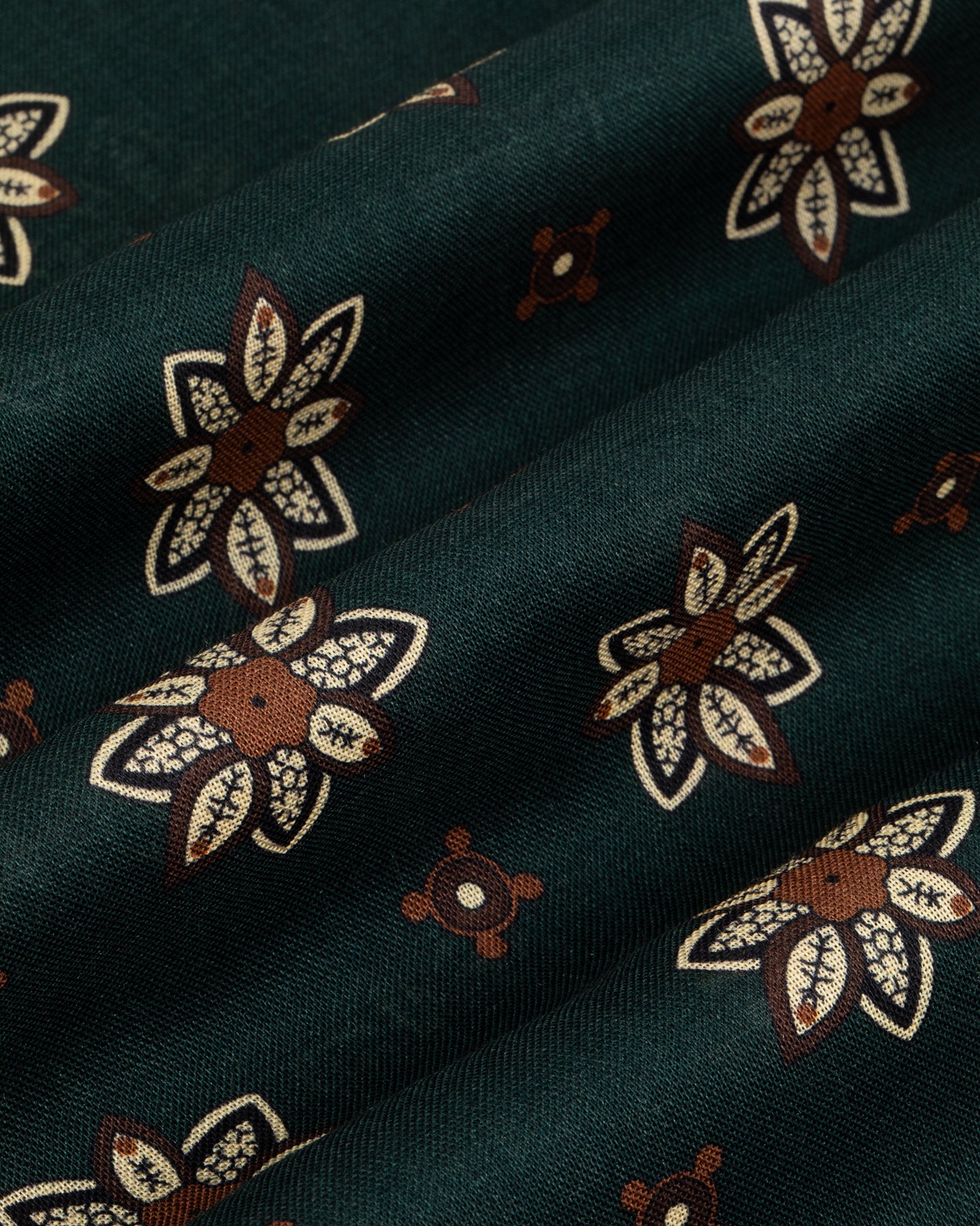 Zoom of green wool silk fabric with floral print