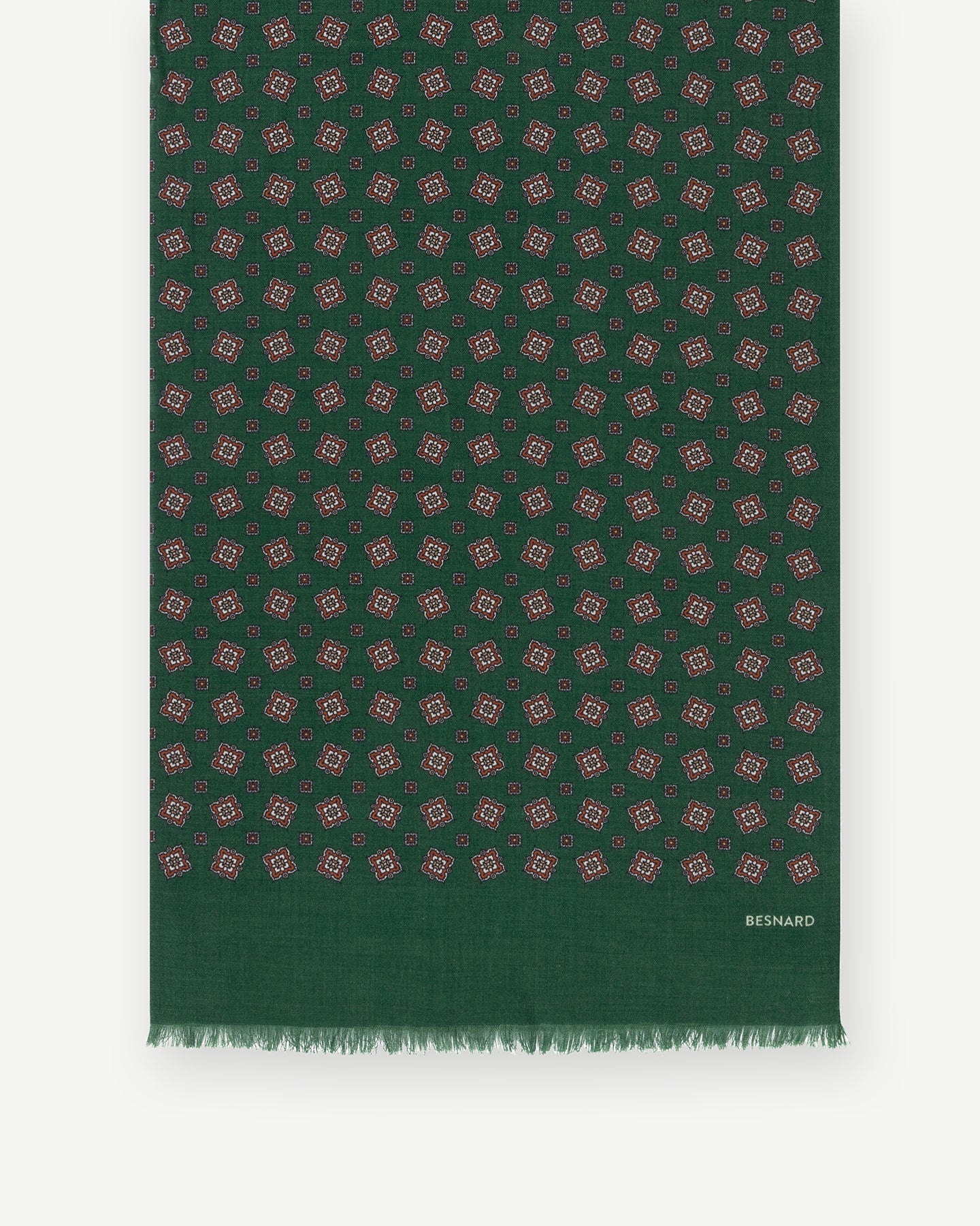 Green medallion printed scarf with fringed ends