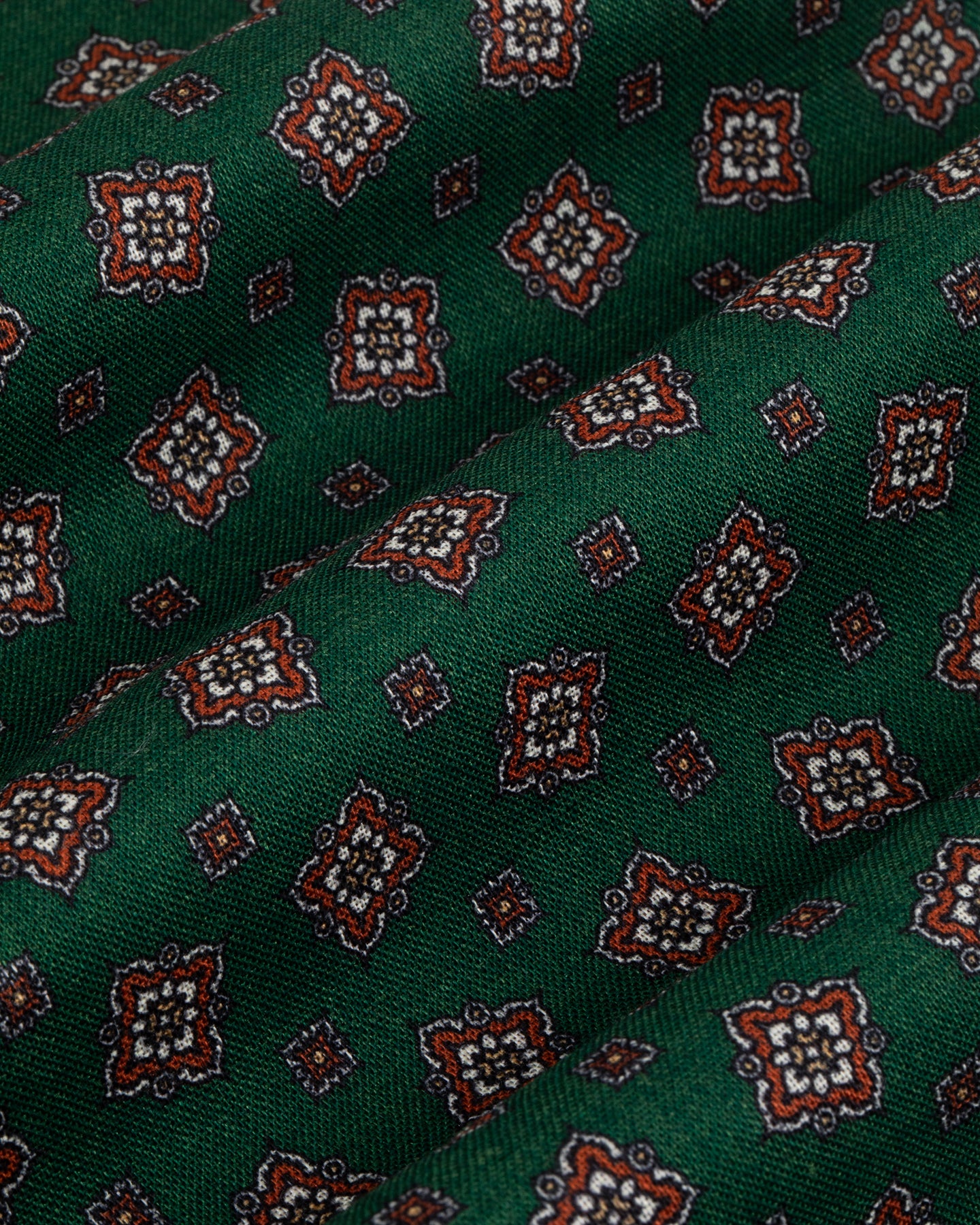 Zoom of green wool silk fabric with medallion print