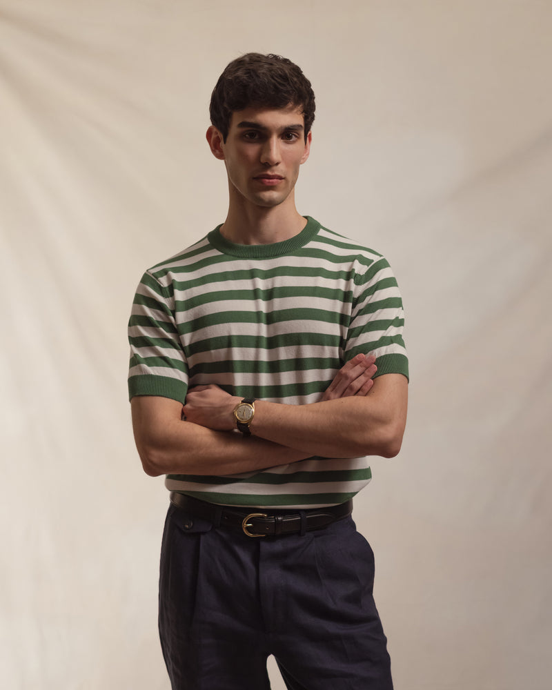 Green Ecru Block Stripe Knitted T-Shirt