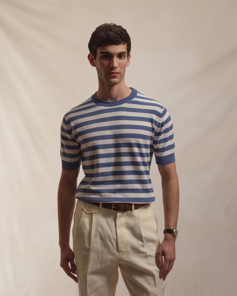 Blue White Block Stripe Knitted T-Shirt