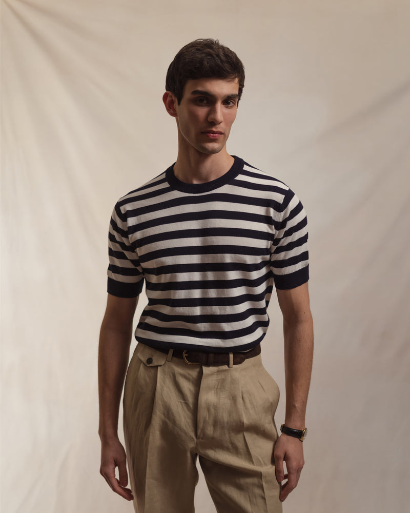 Navy White Block Stripe Knitted T-Shirt