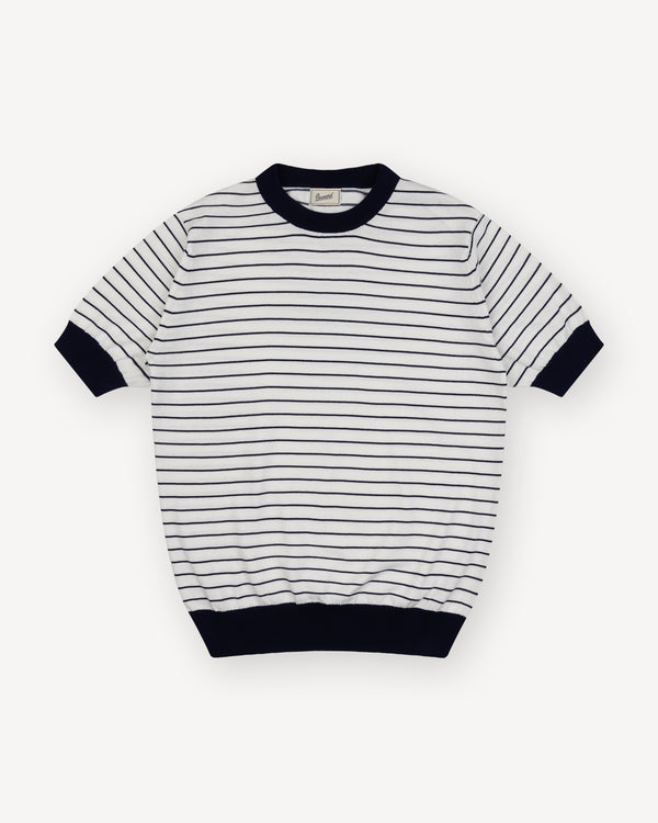 White Navy Breton Stripe Knitted T-Shirt