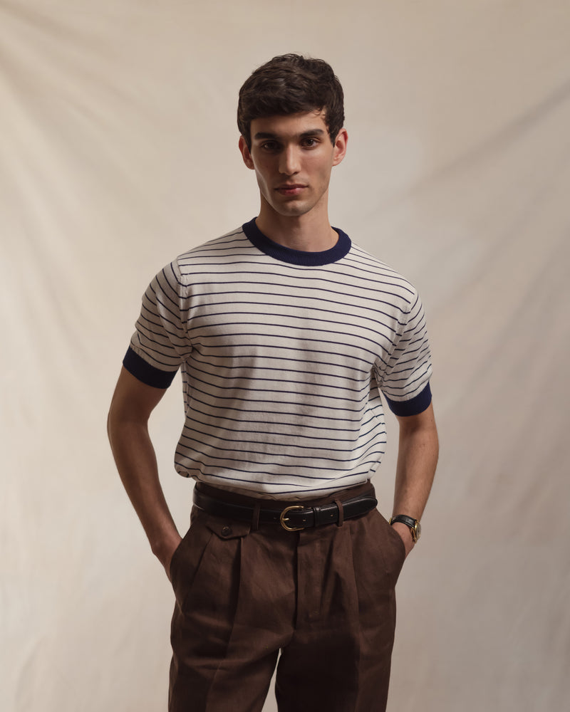 White Navy Breton Stripe Knitted T-Shirt