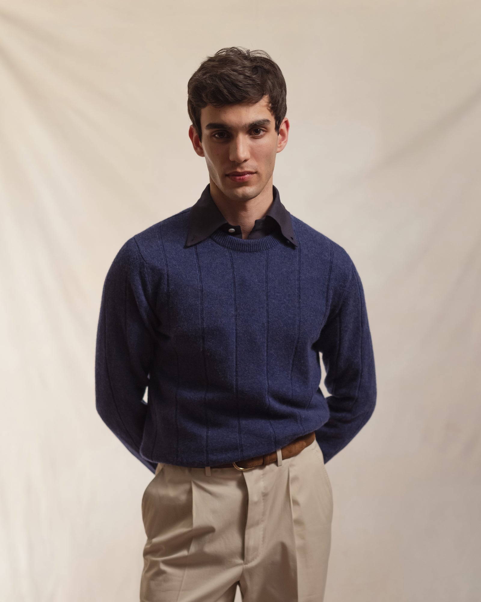 Dark Blue Cashmere Cotton Wide Rib Crew Neck