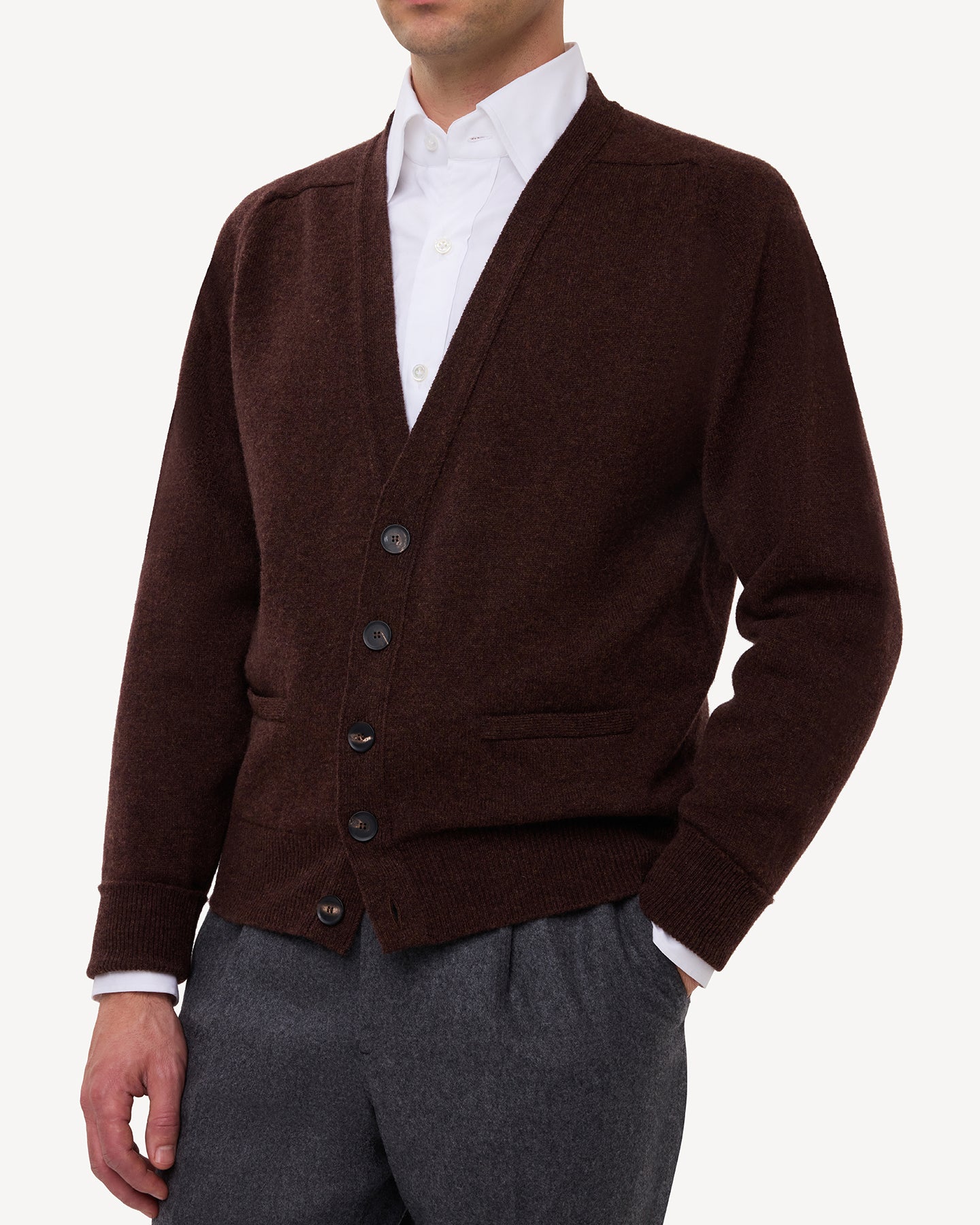 Man wearing a dark brown lambswool cardigan