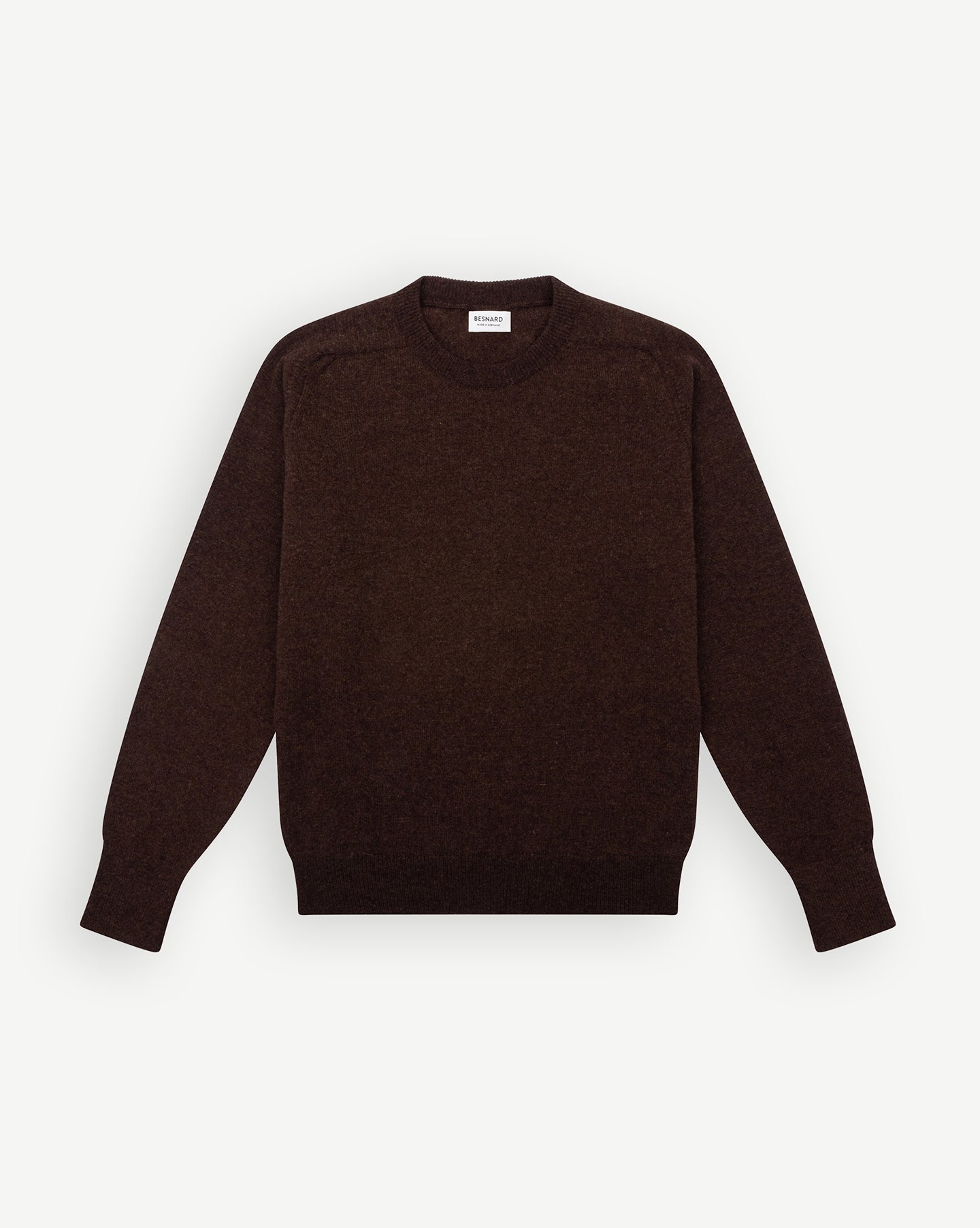 Dark Brown Crew Neck Sweater in Lambswool Made in Scotland Besnard