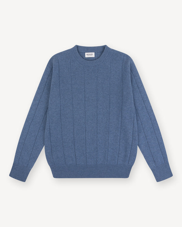 Denim Blue Cashmere Cotton Wide Rib Crew Neck