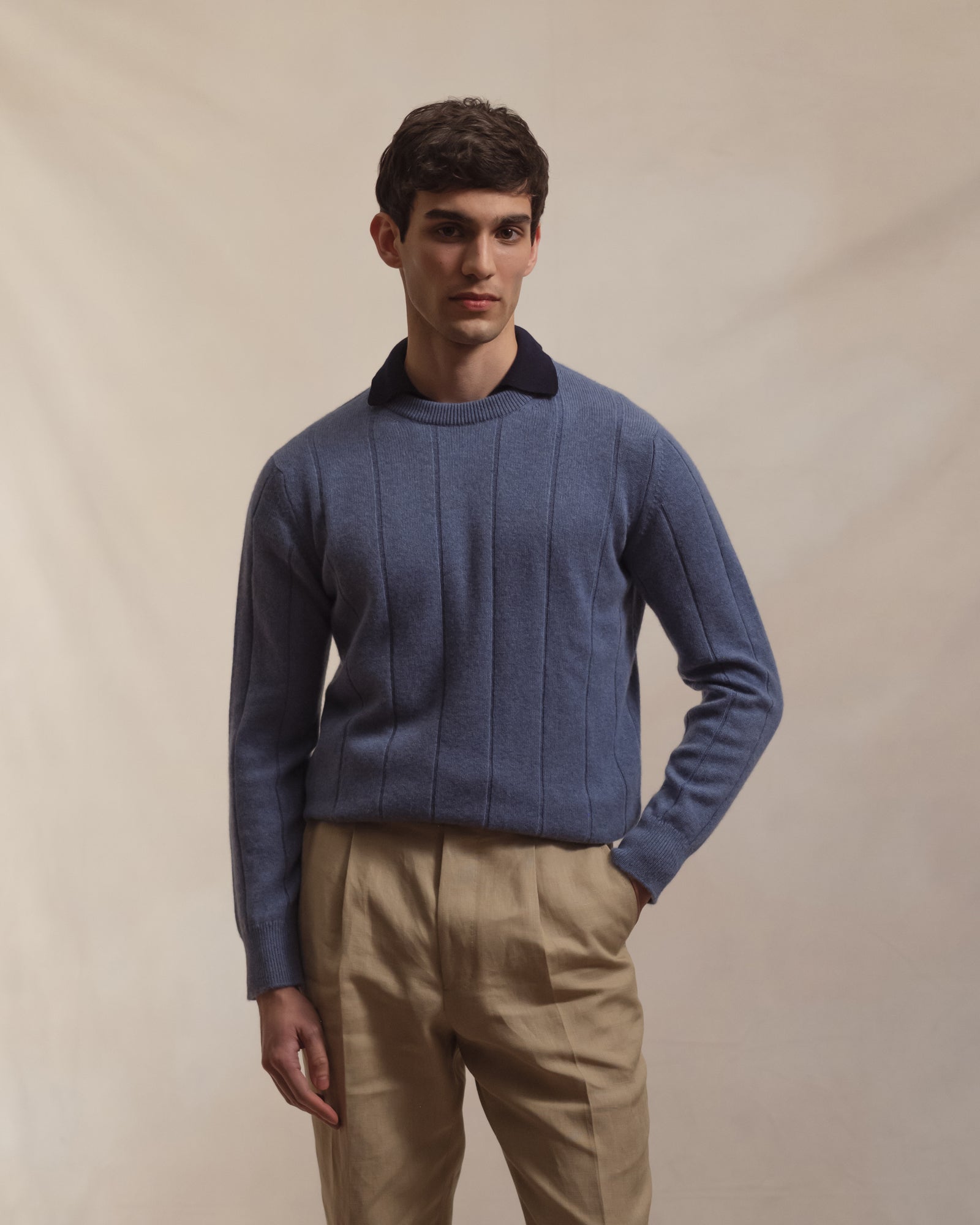 Denim Blue Cashmere Cotton Wide Rib Crew Neck Sweater