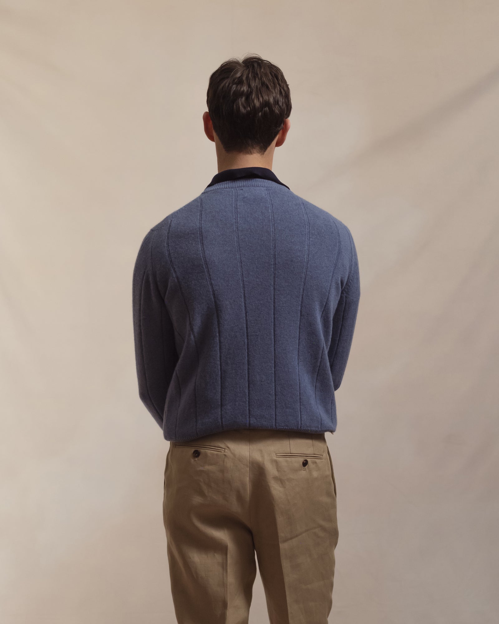 Denim Blue Cashmere Cotton Wide Rib Crew Neck