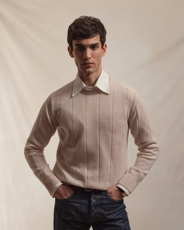 Ecru Cashmere Cotton Wide Rib Crew Neck