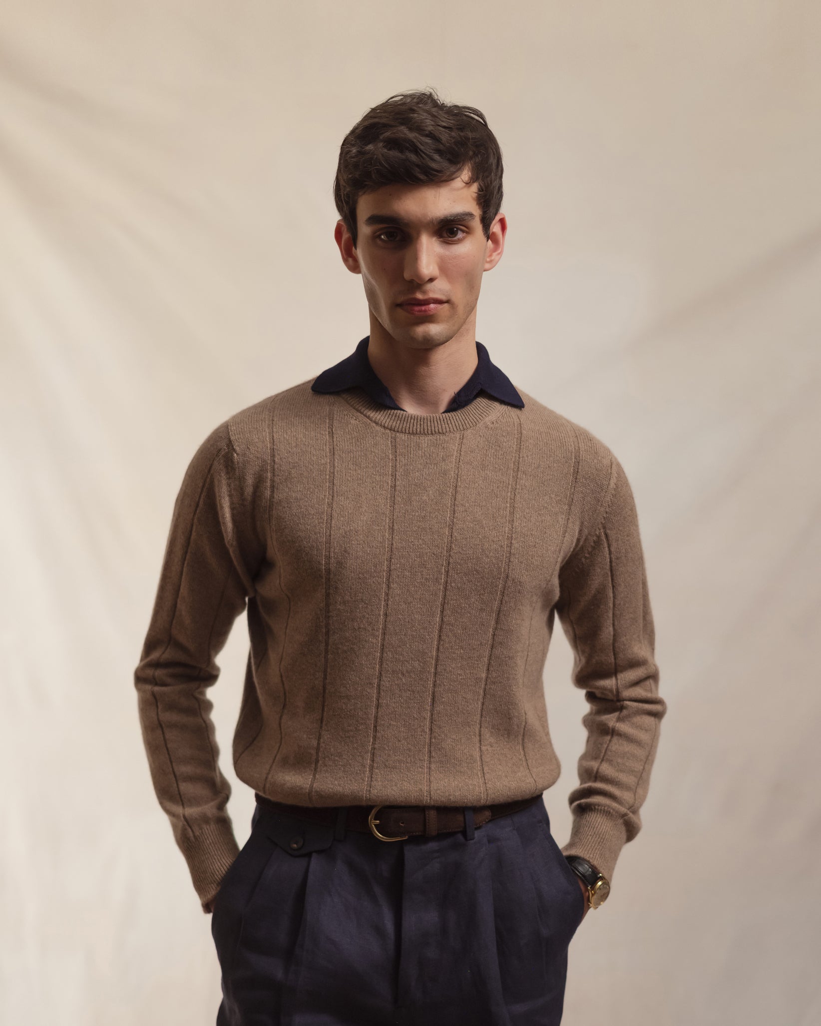 crew neck sweater with dress shirt Light Brown Cashmere Cotton Wide Rib Crew Neck Sweater