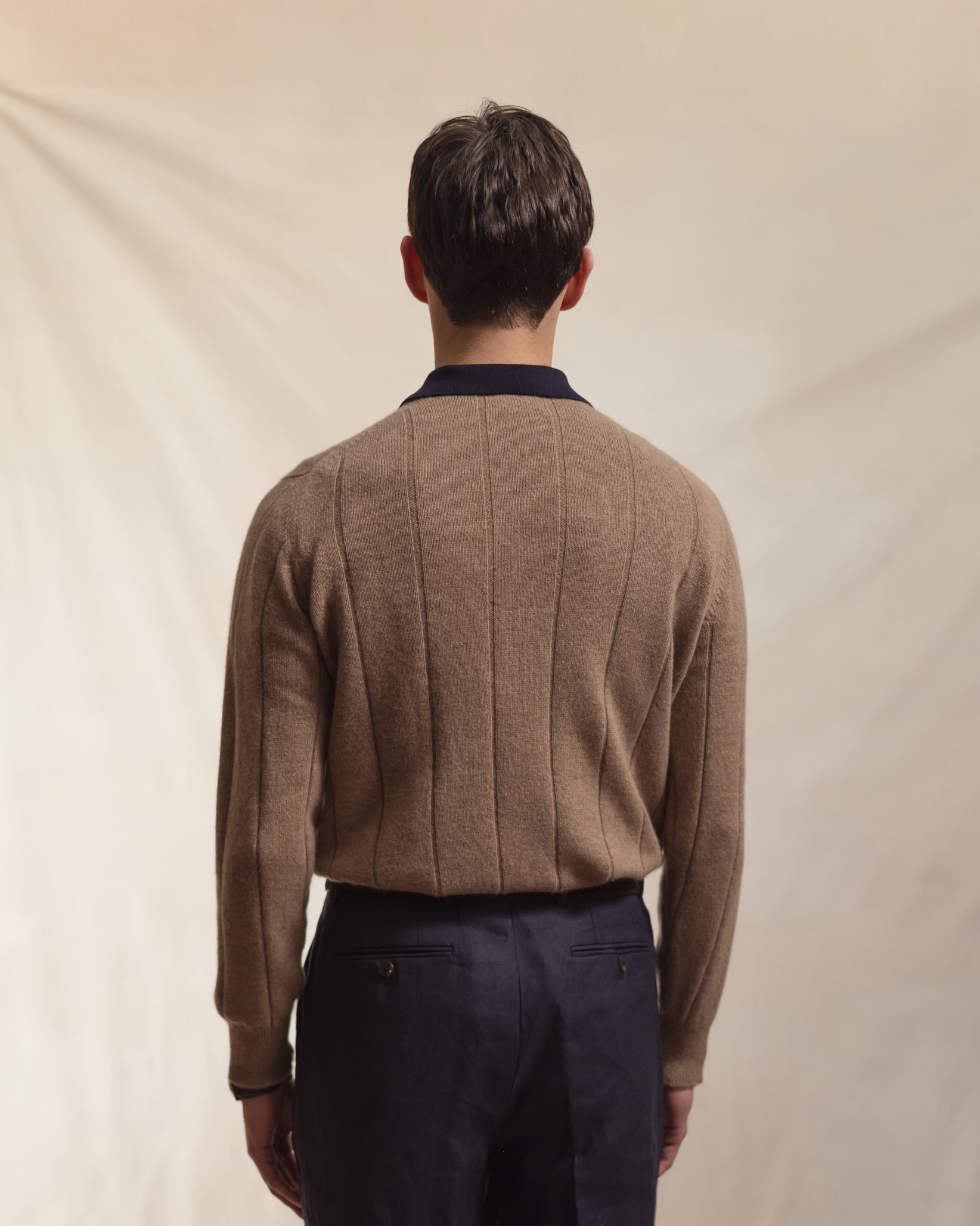 Light Brown Cashmere Cotton Wide Rib Crew Neck