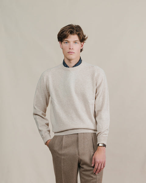 Oatmeal Crew Neck Sweater in Lambswool | Made in Scotland | Besnard