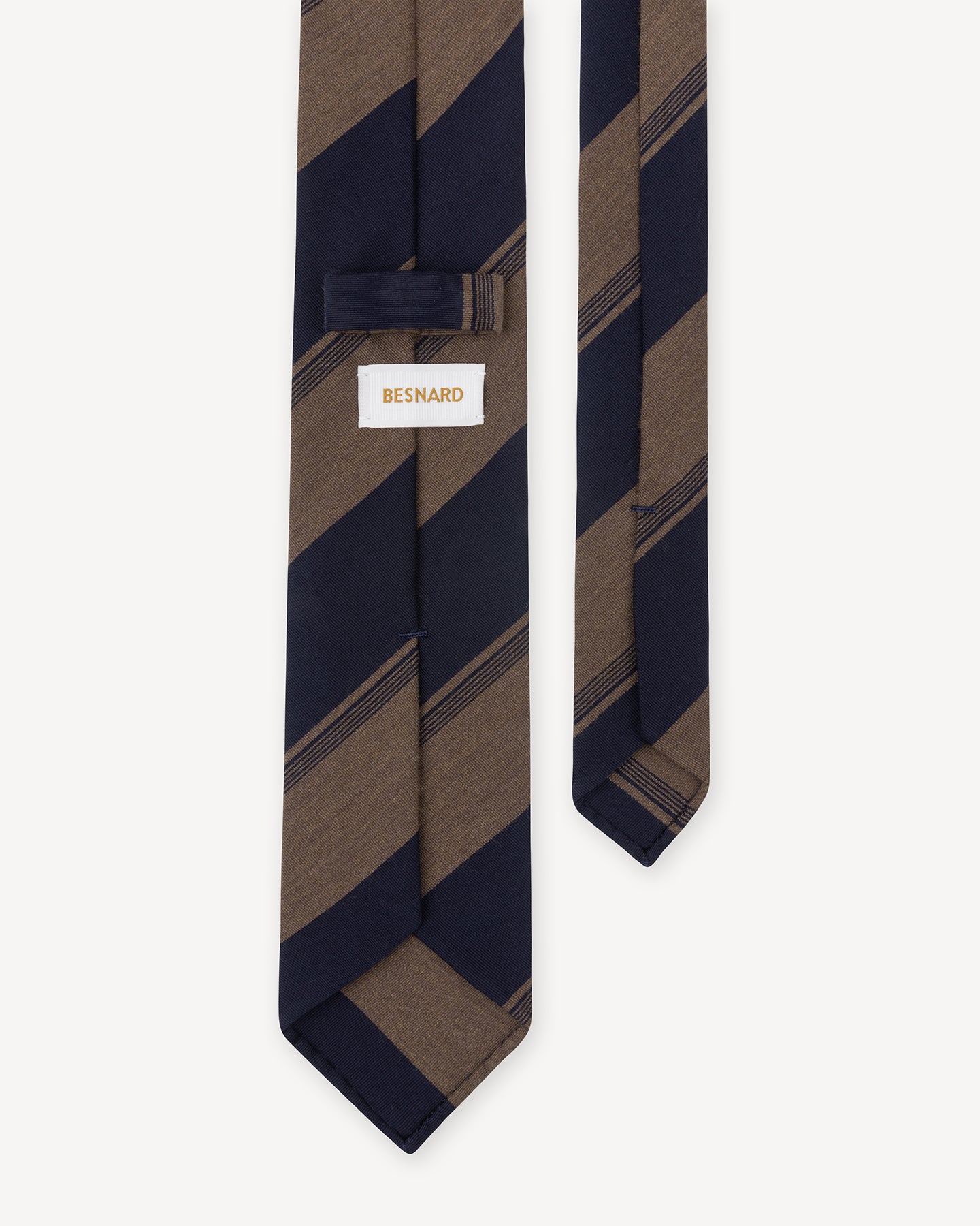 A navy and mid brown stripe wool cotton tie with hand rolled blades