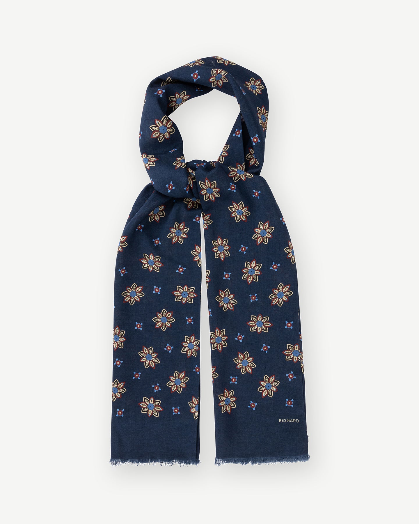 Navy wool silk scarf with floral print