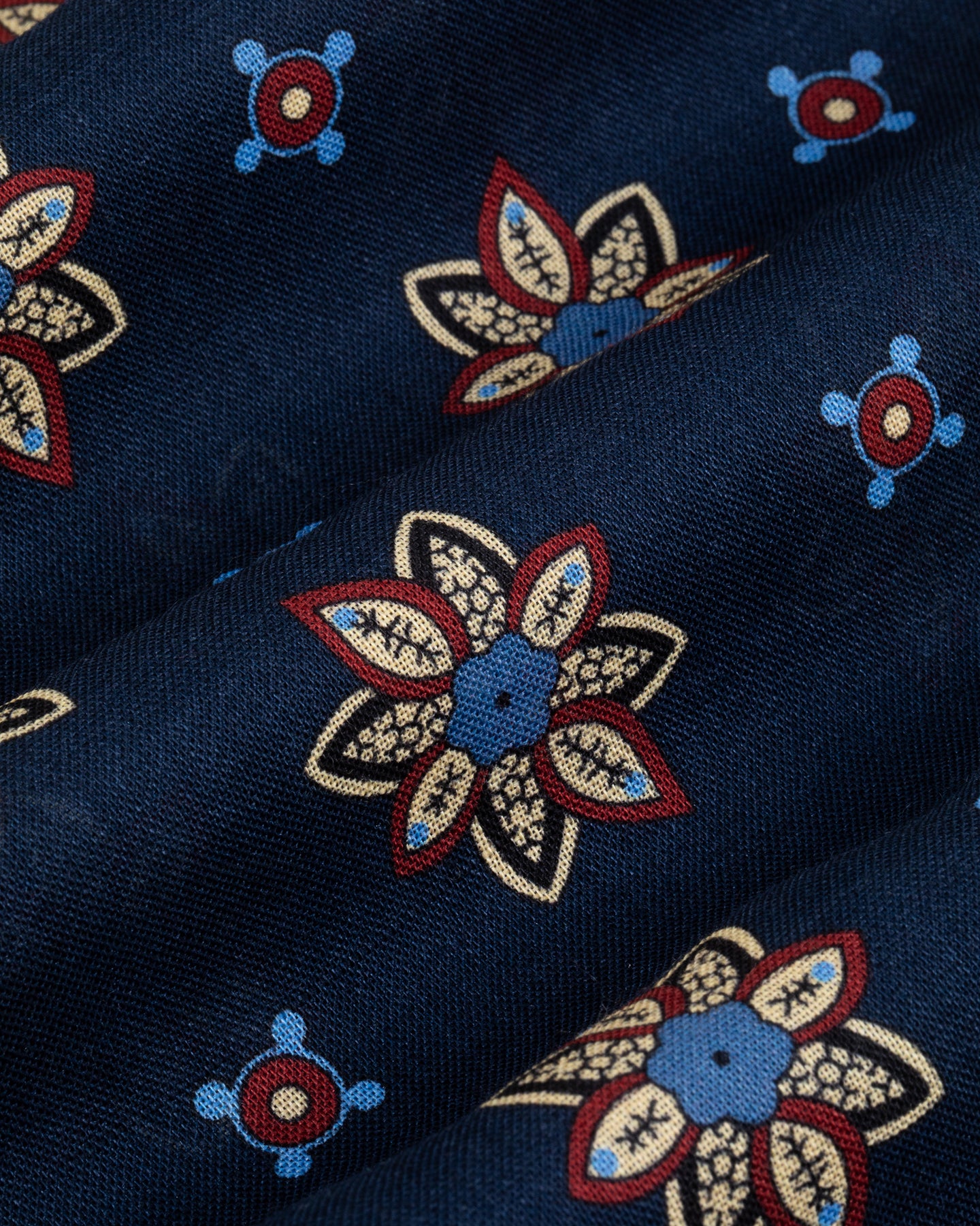 Zoom of navy wool silk fabric with floral print