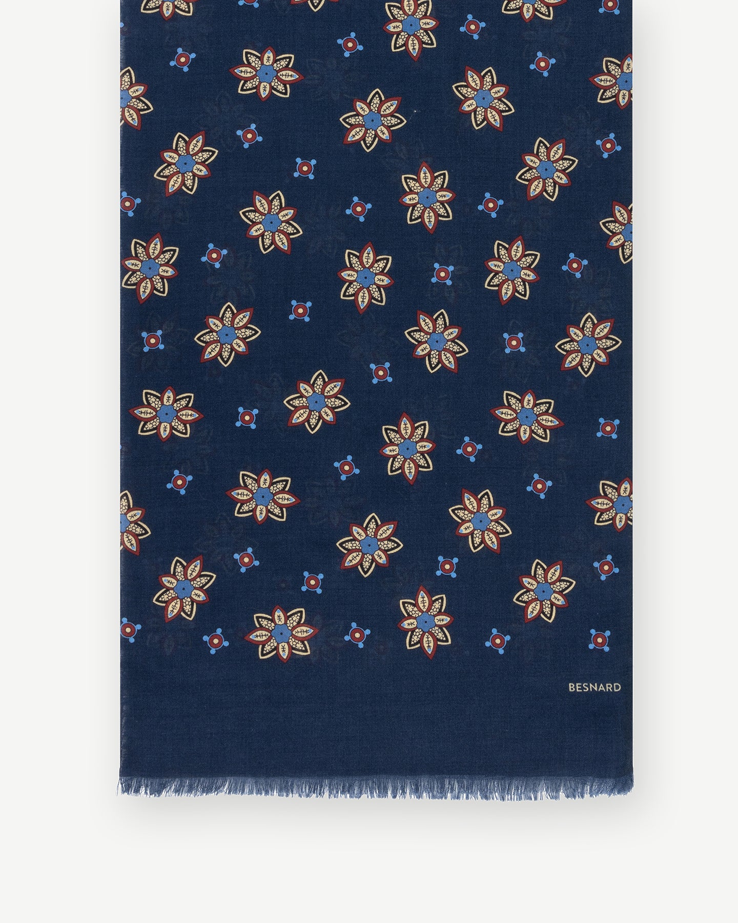 Navy floral printed scarf with fringed ends