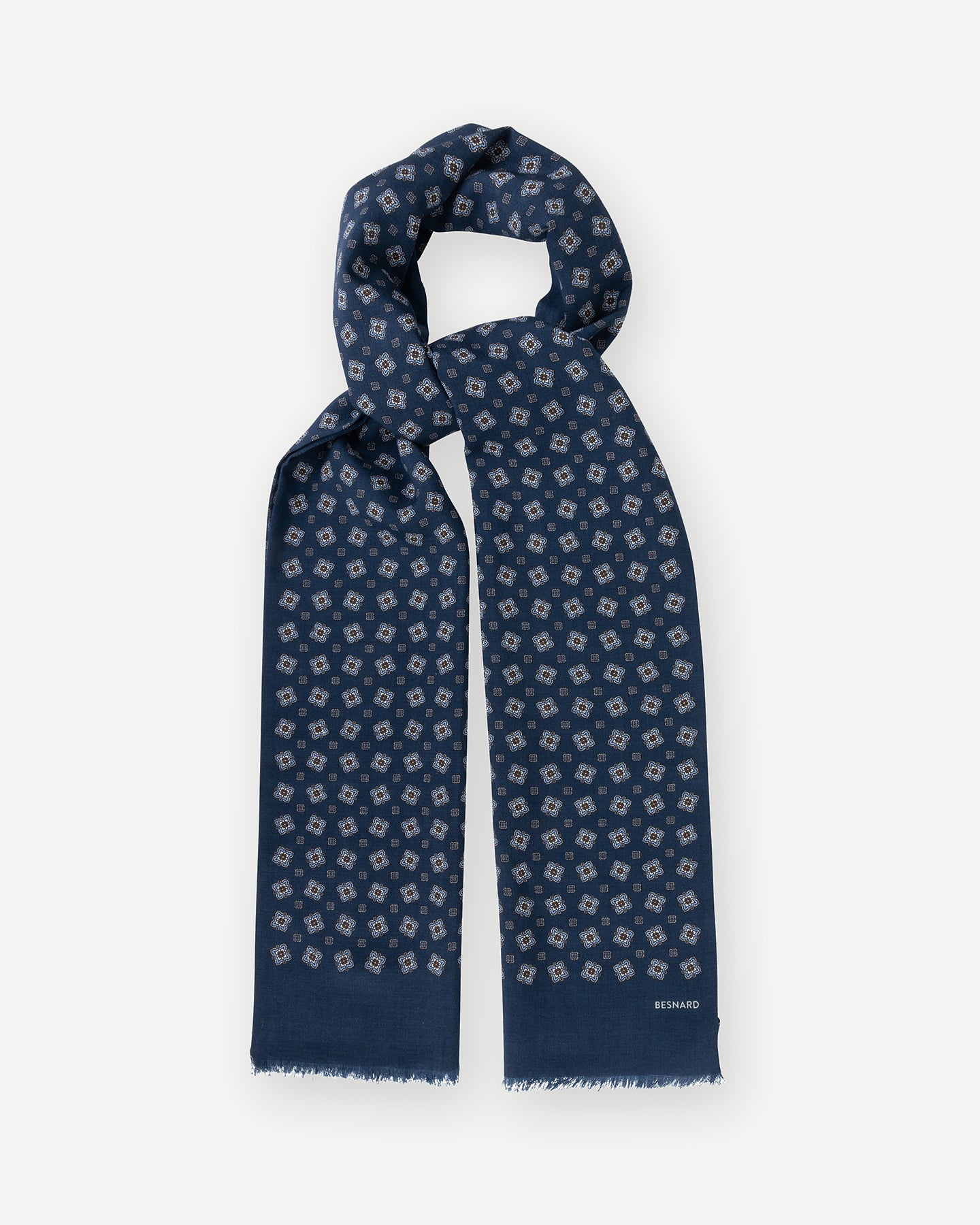 Navy wool silk scarf with medallion print