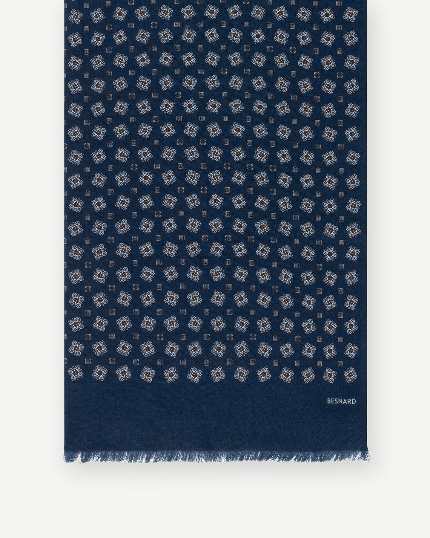 Navy medallion printed scarf with fringed ends