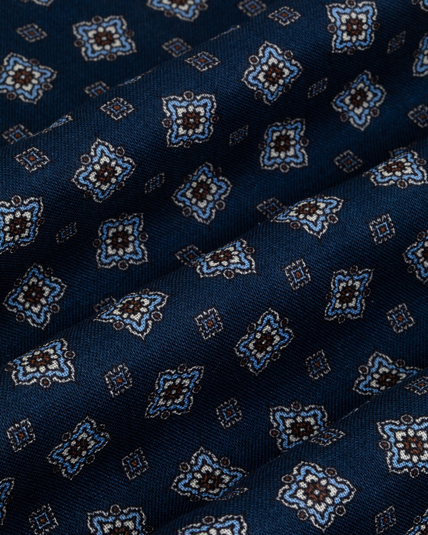 Zoom of navy wool silk fabric with medallion print