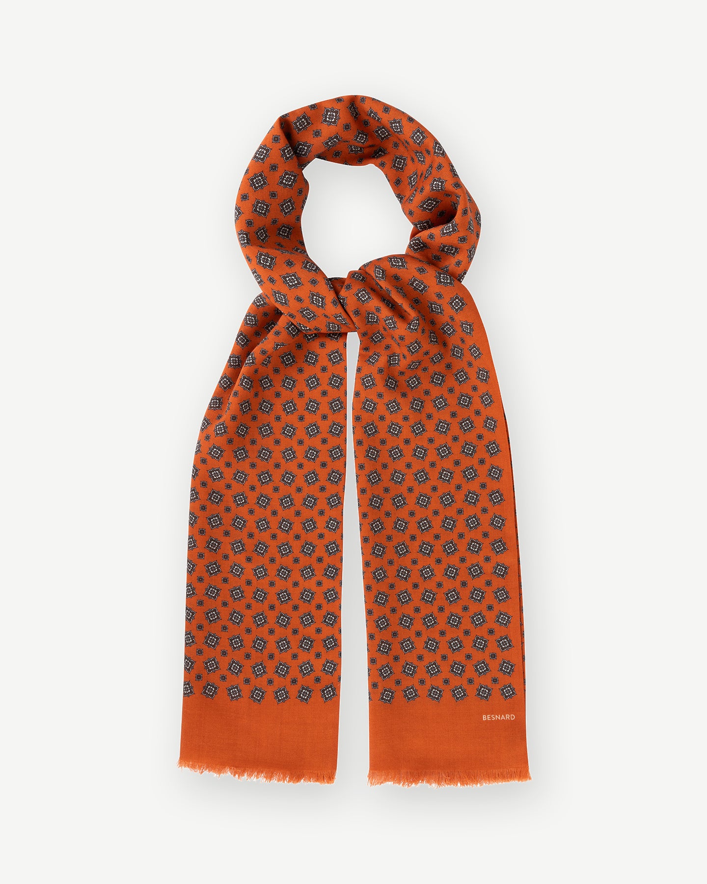 Orange wool silk scarf with medallion print