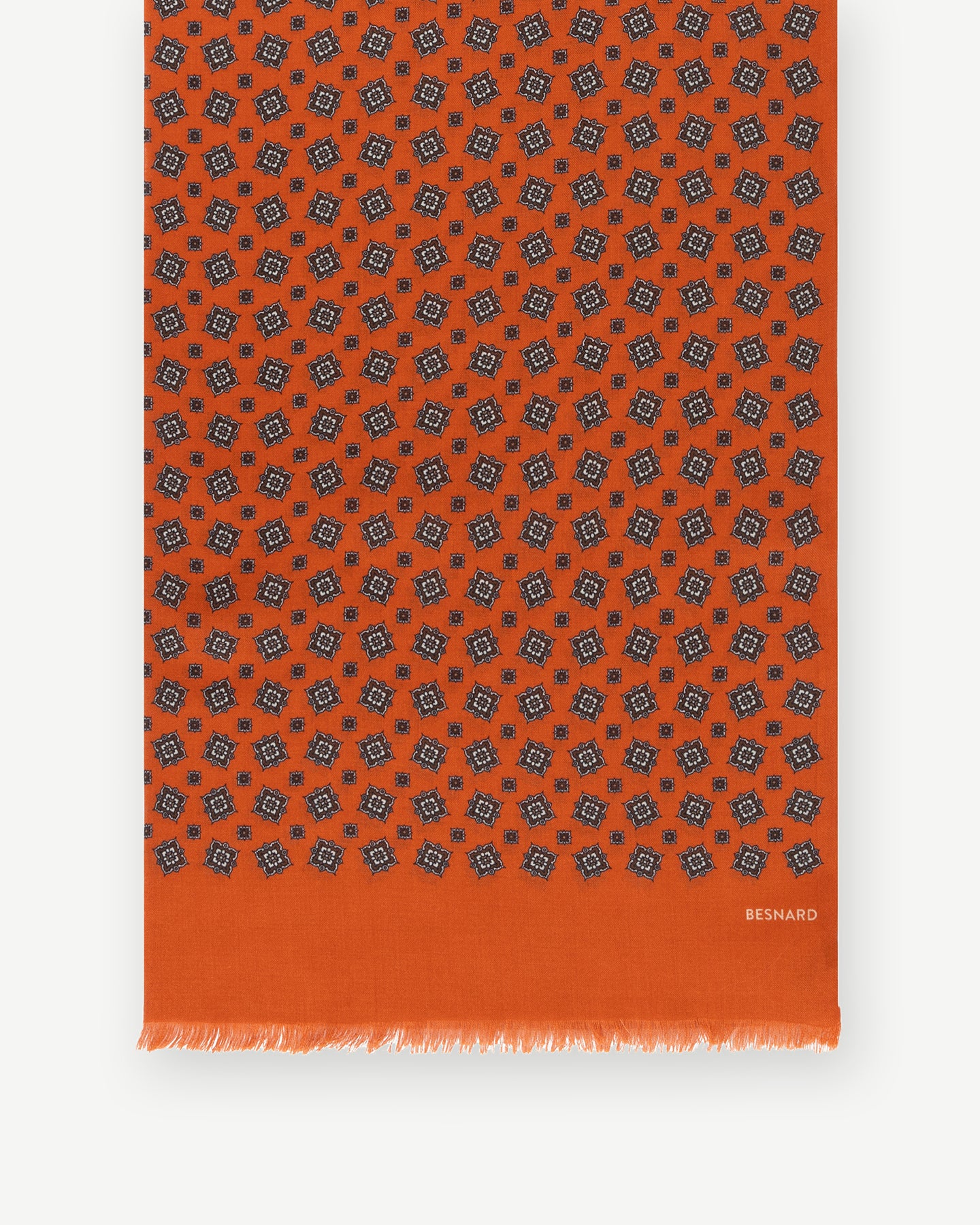 Orange medallion printed scarf with fringed ends