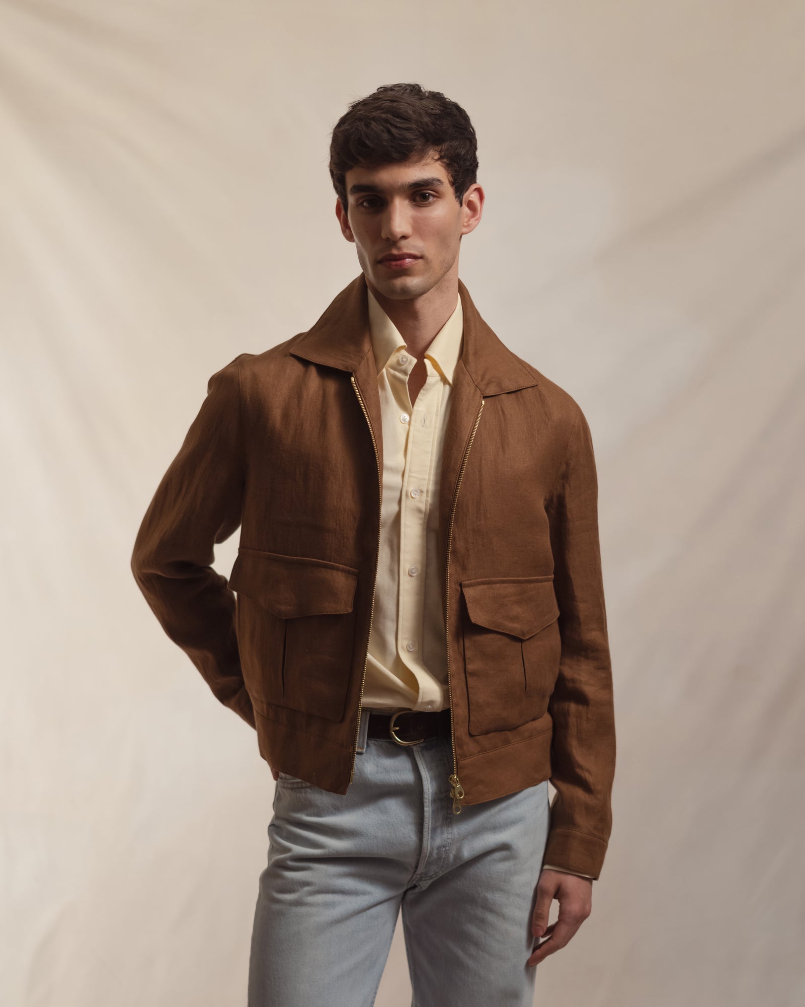 Dark Tan Linen Flight Jacket