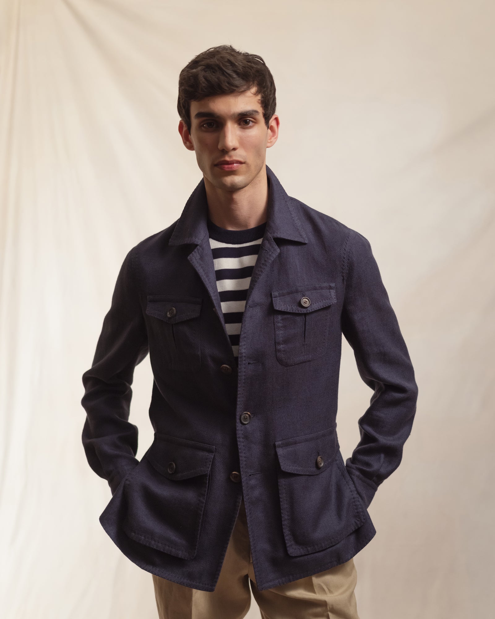 Navy Linen Silk Cotton Safari Jacket