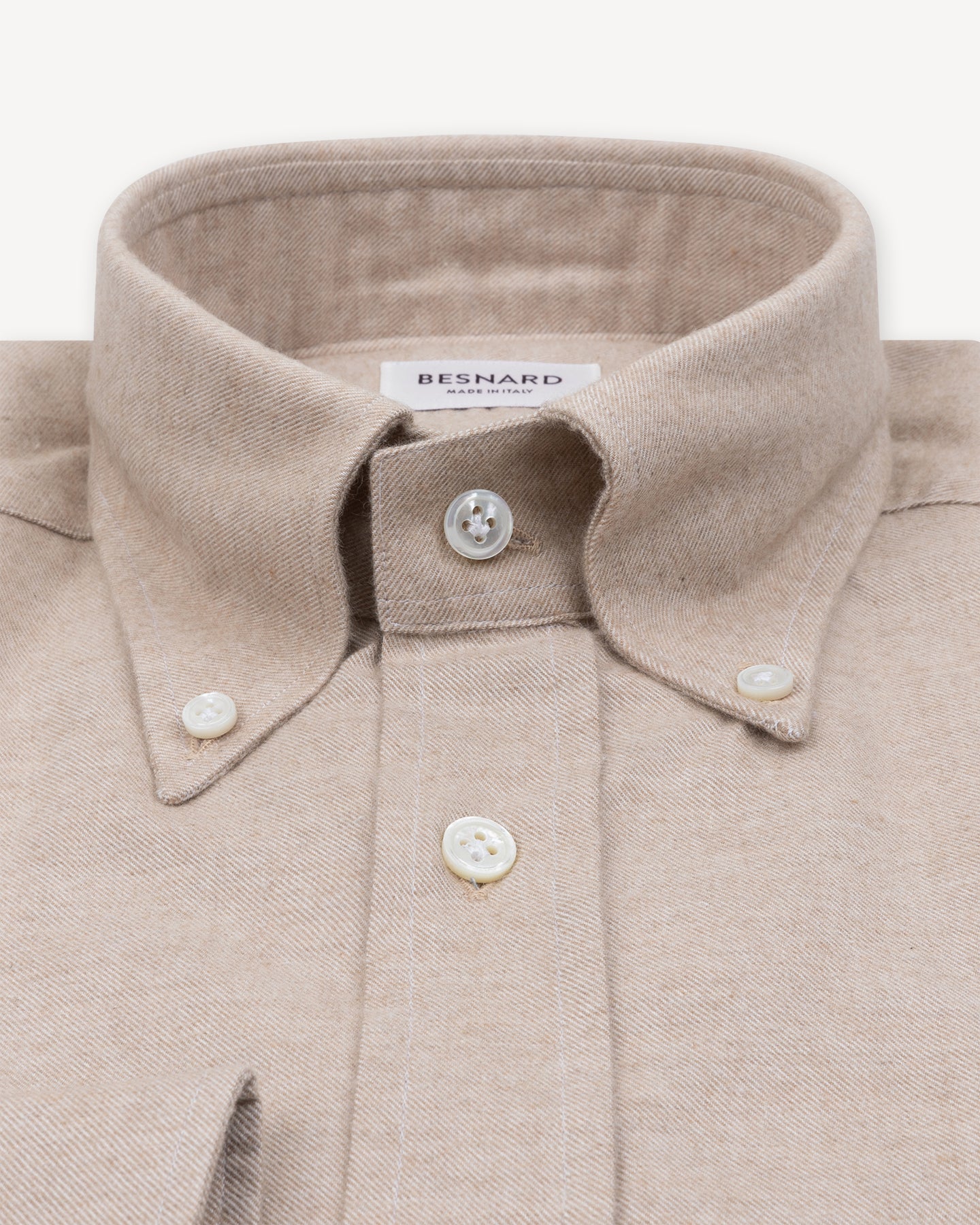 Beige Cotton Cashmere Flannel Shirt with Button Down collar