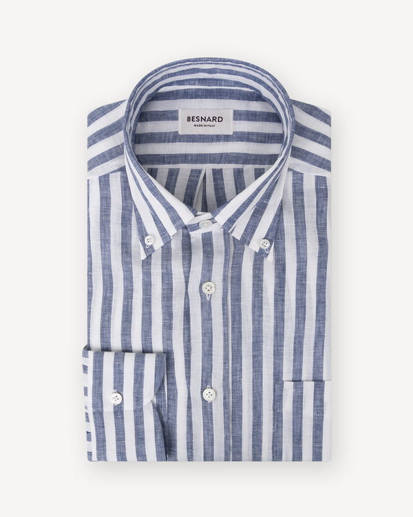 Navy Awning Stripe Linen Button Down Shirt