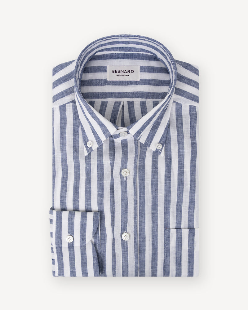 Marineblauw Awning Stripe Linnen Button Down Overhemd