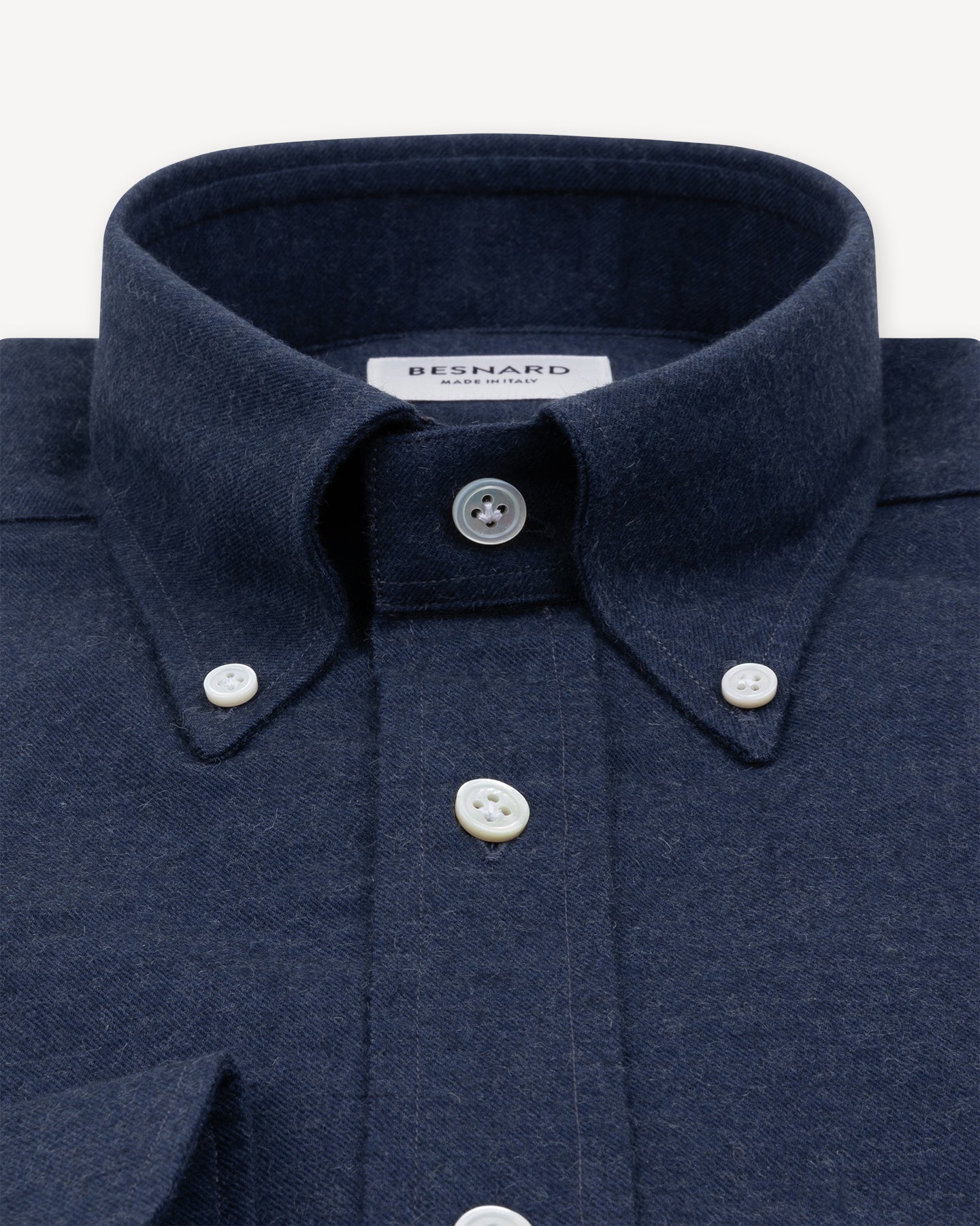 Dark Blue Cotton Cashmere Flannel Shirt with Button Down collar
