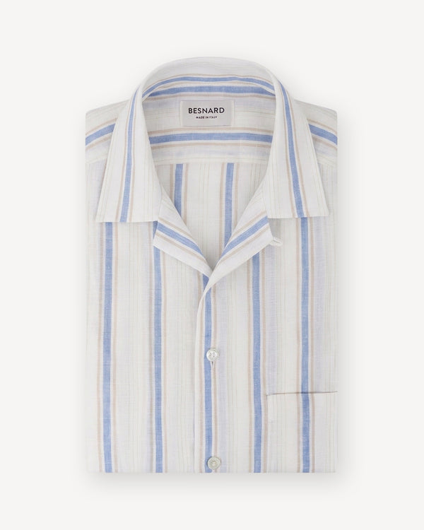 Blue Multi Stripe Linen Camp Collar Shirt